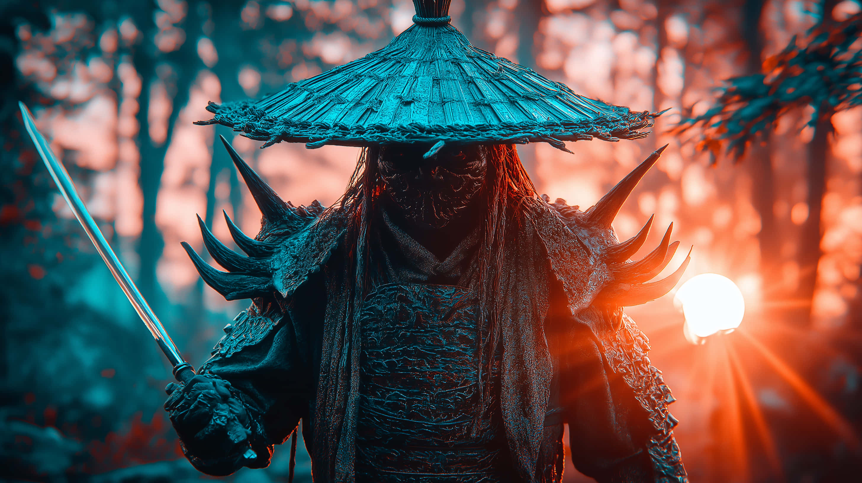 samurai warrior, hat, sword, 2K Desktop Wallpaper