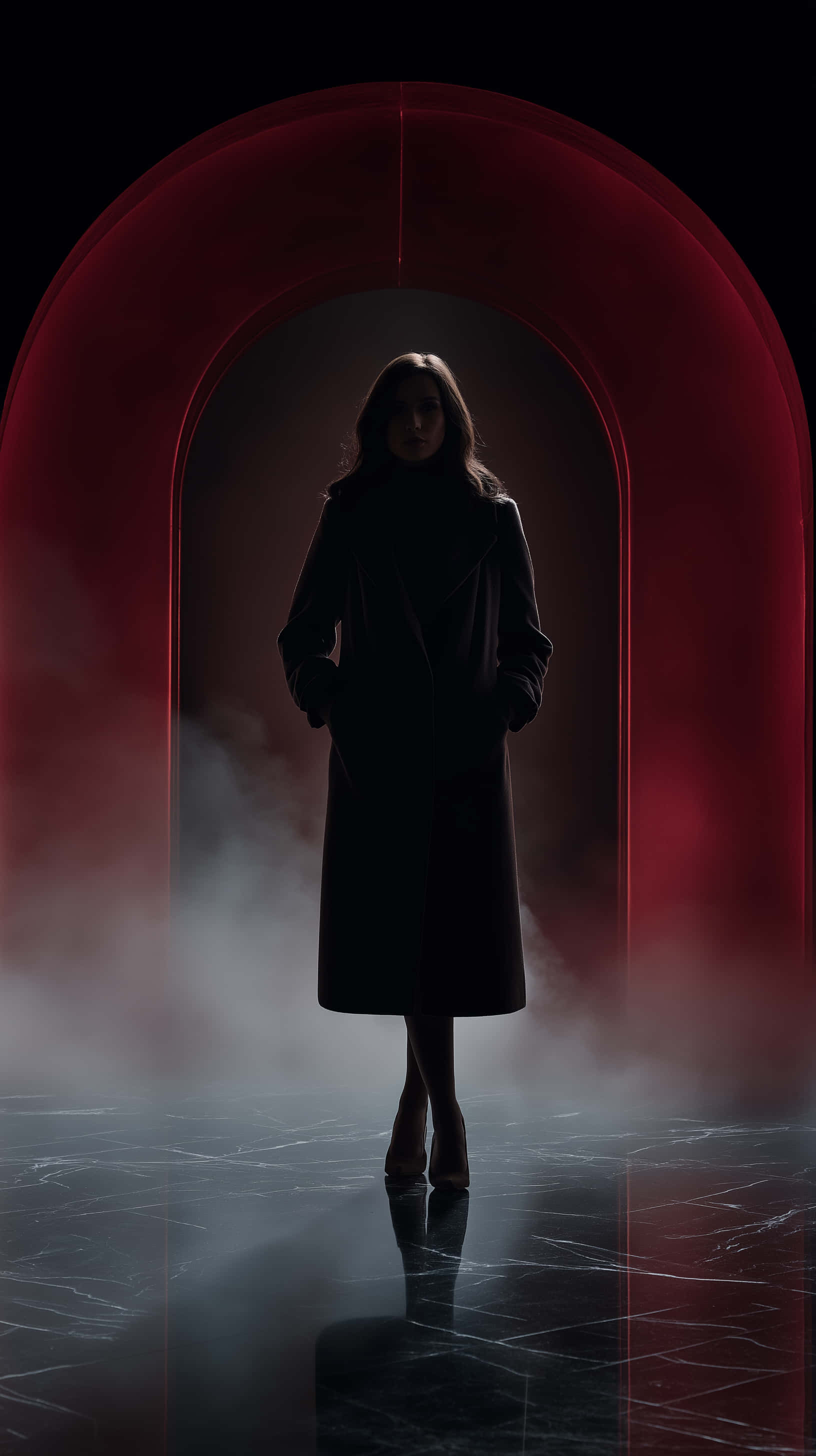 mysterious woman, dark coat, glowing red archway, 2K Phone Wallpaper