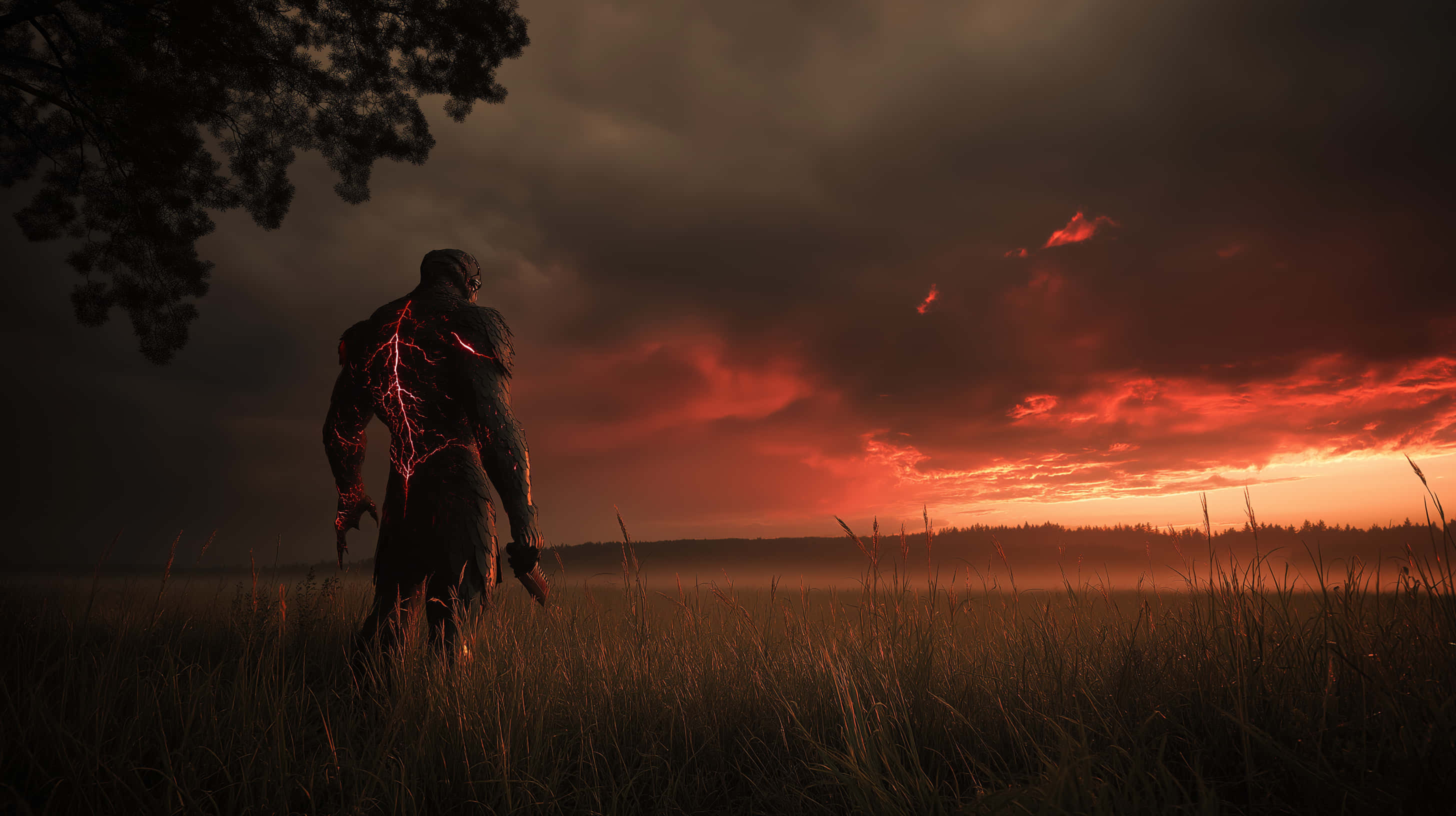 glowing red lightning veins, twilight field, fiery red and orange sunset sky, 2K Desktop Wallpaper