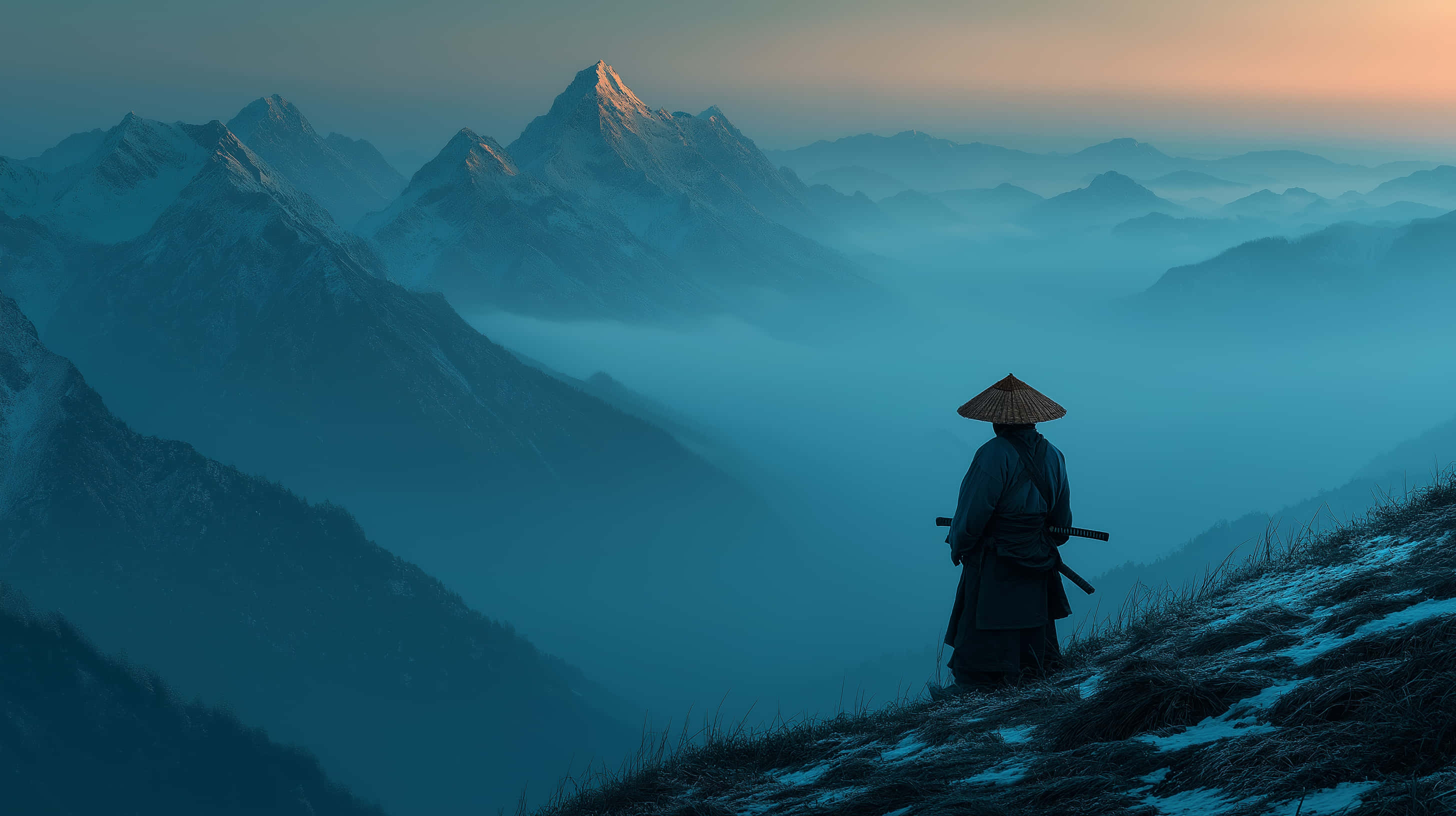 lone samurai, straw hat, snowy mountain ridge, 2K Desktop Wallpaper