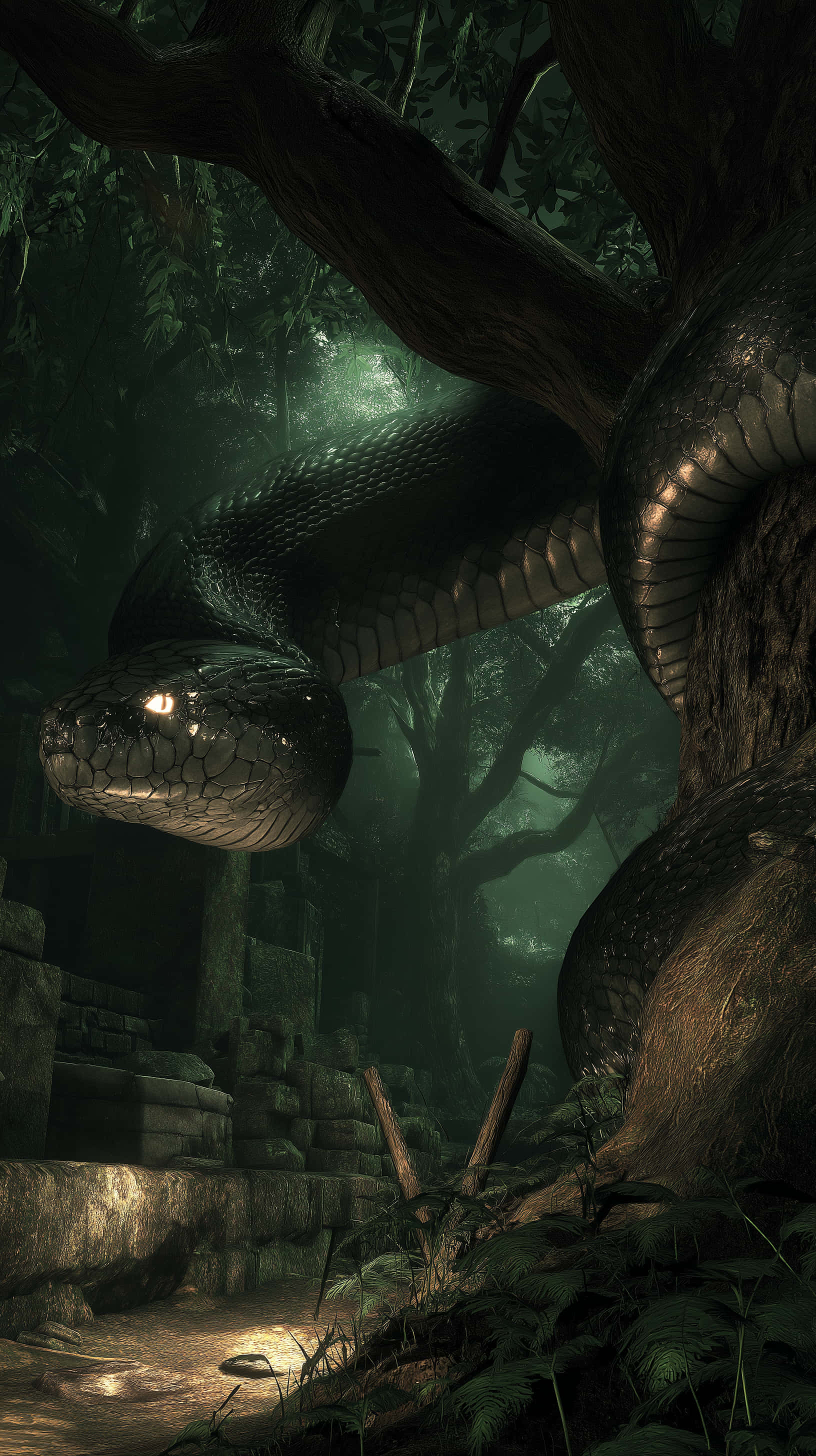 ancient serpent, ruined temple, jungle, 2K Phone Wallpaper