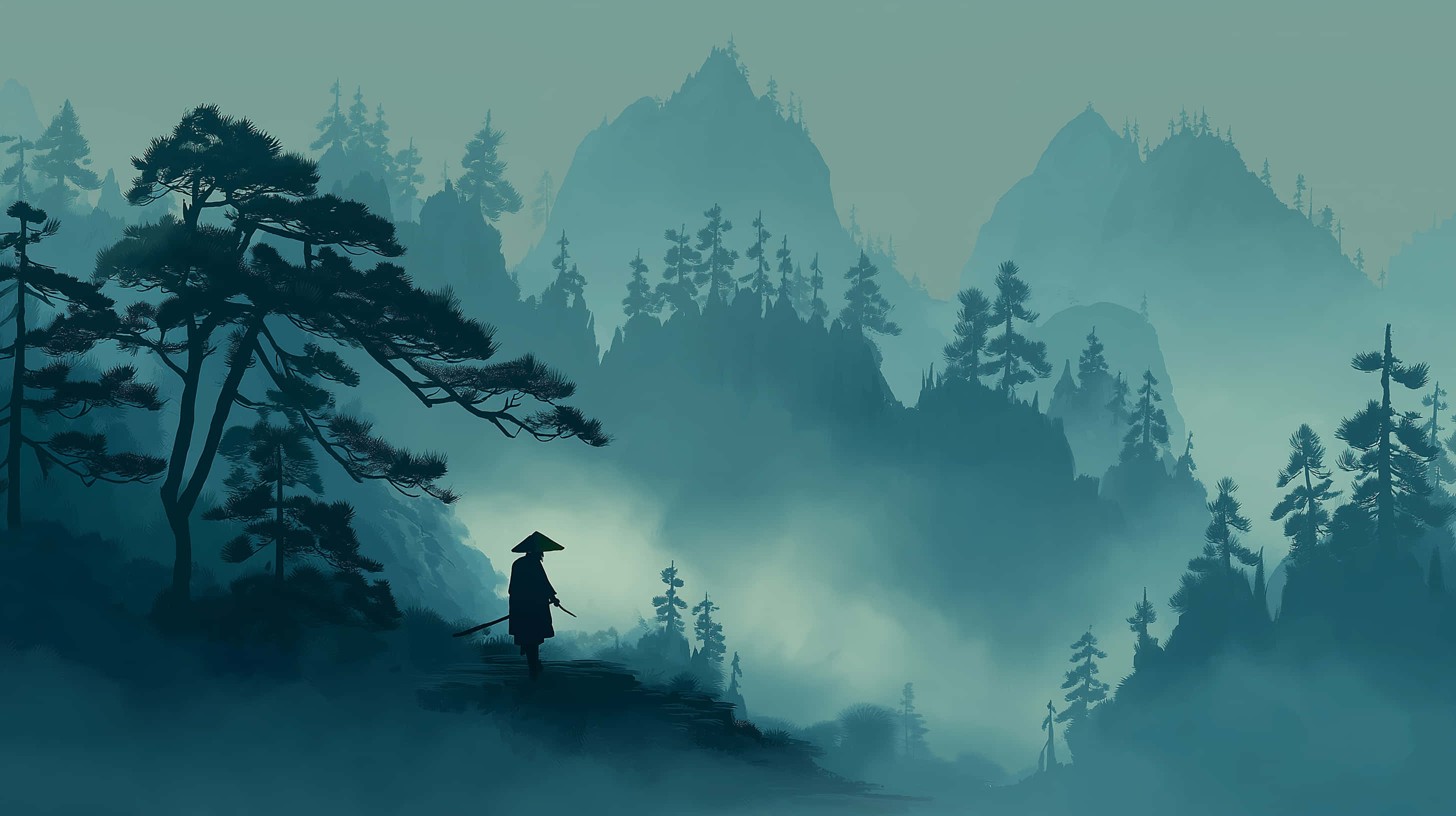 lone samurai, misty mountains, pine trees, 2K Desktop Wallpaper