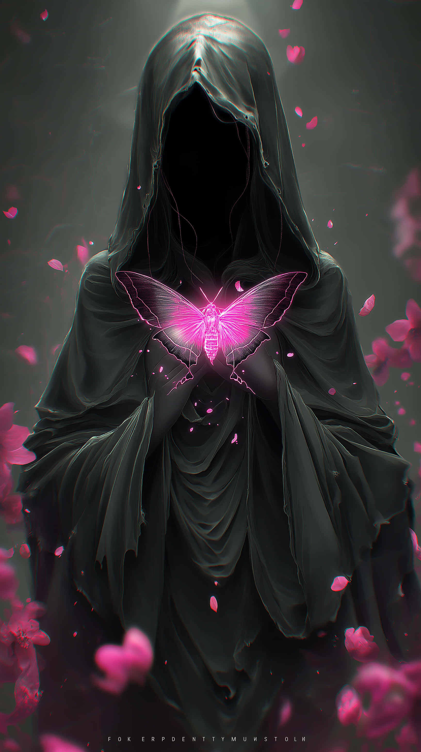 hooded figure, glowing pink butterfly, pink petals, 2K Phone Wallpaper