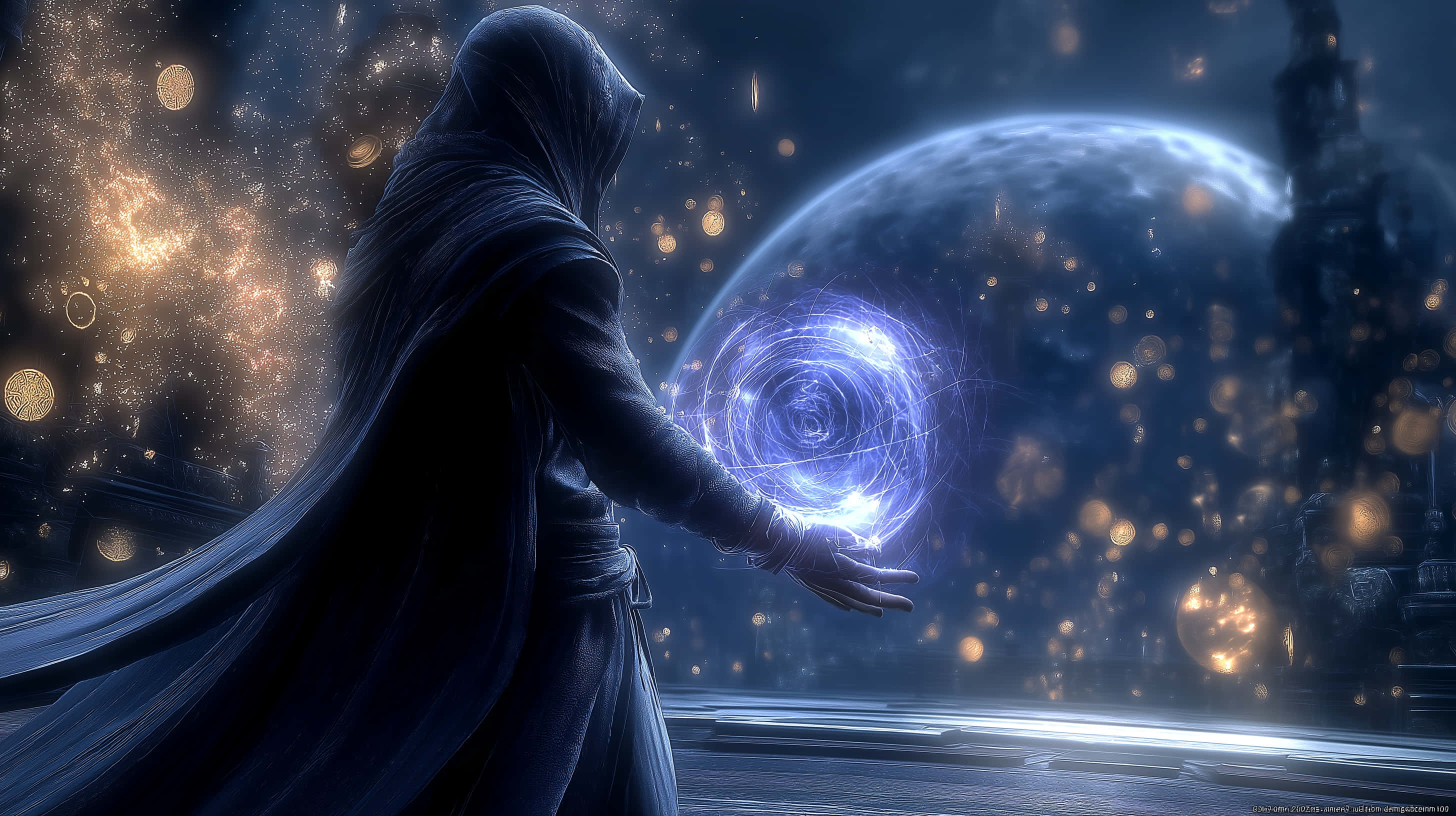 hooded figure, dark robe, glowing blue energy orb, 2K Desktop Wallpaper