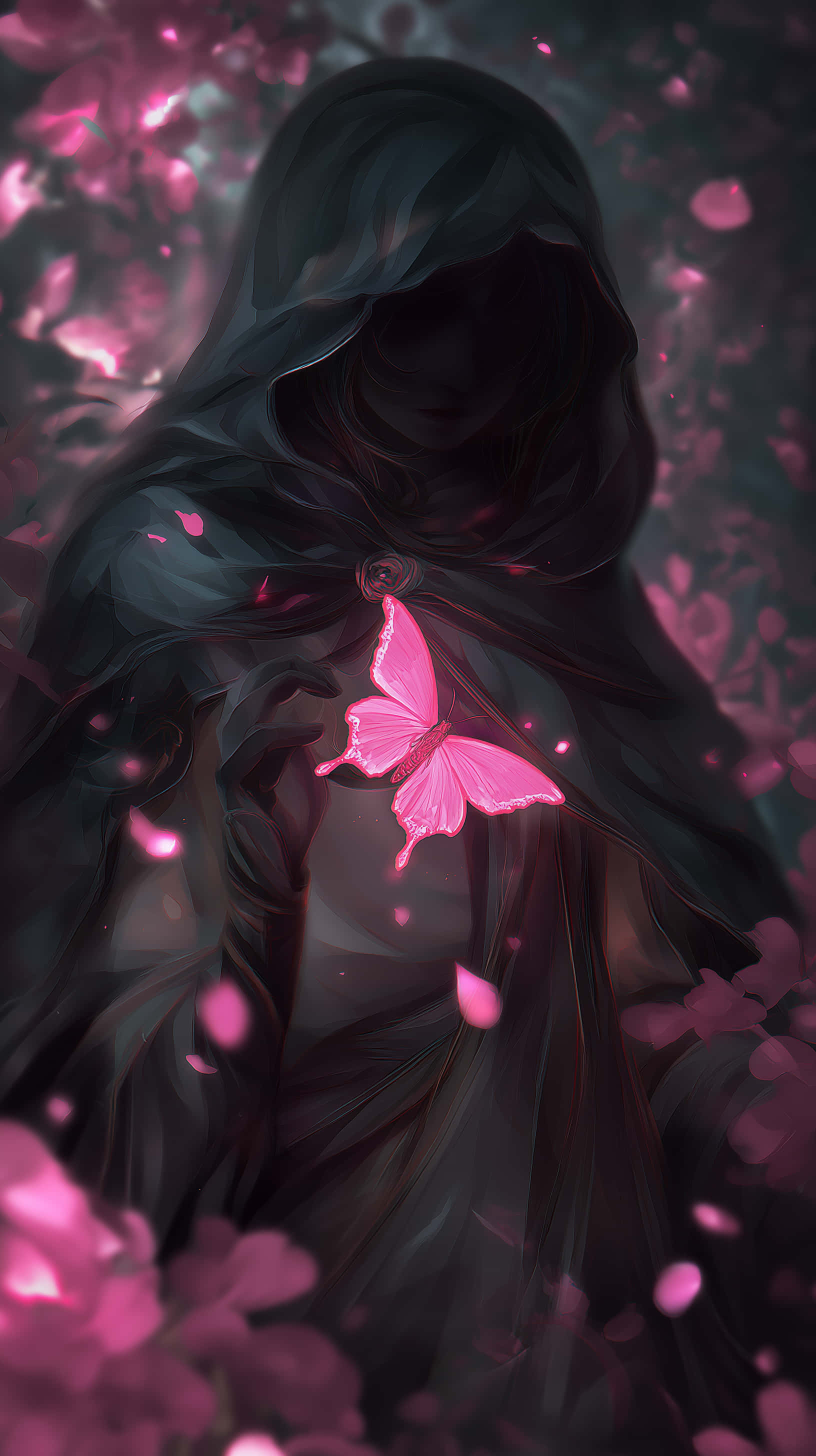 hooded figure, dark robes, falling pink petals, 2K Phone Wallpaper