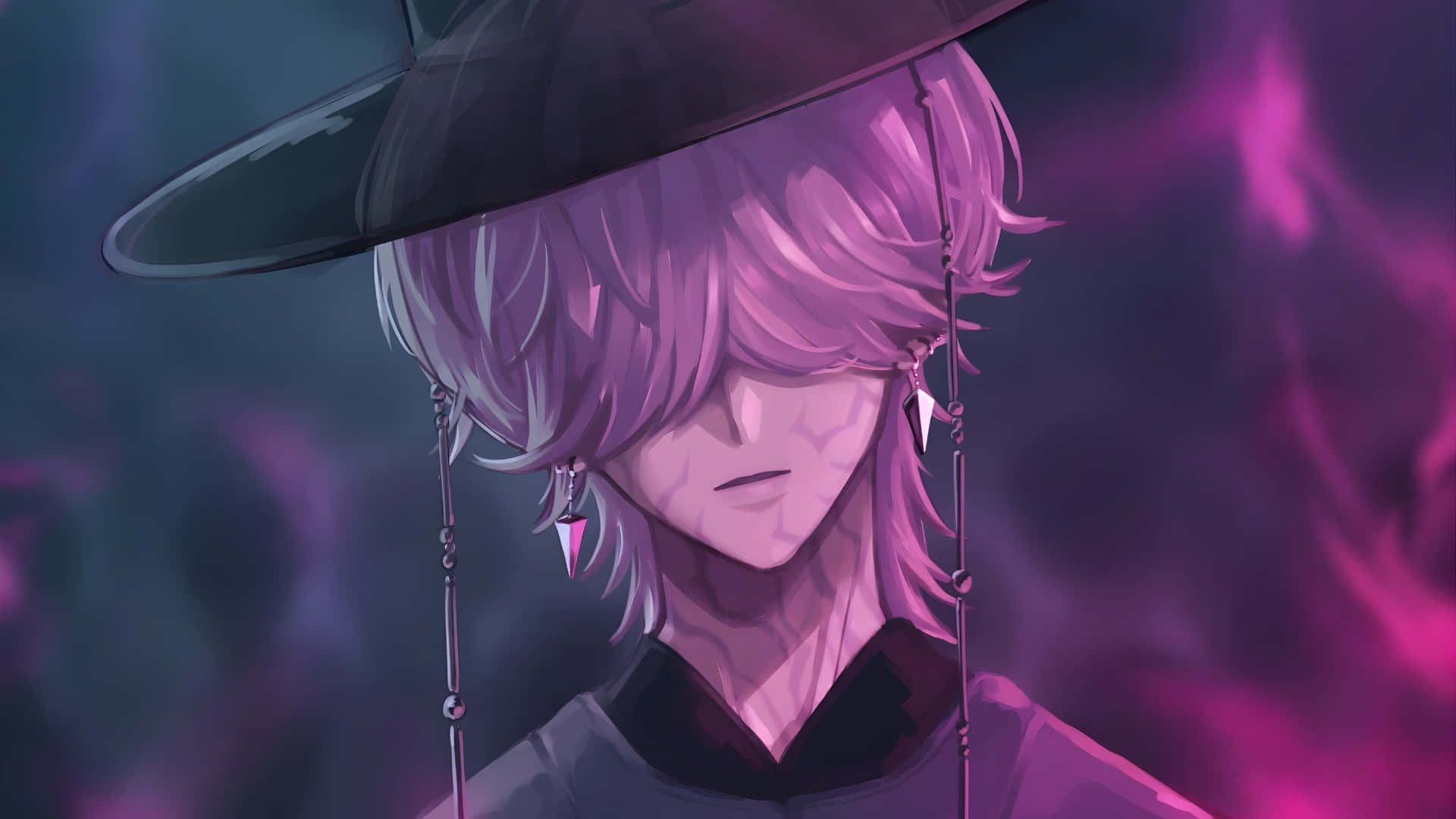 Mystery Saja, purple-haired anime character, wide-brimmed hat, Full HD Desktop Wallpaper