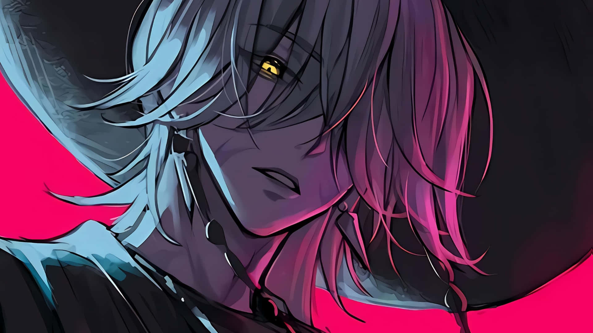 Mystery Saja, silver and pink hair, glowing yellow eyes, Full HD Desktop Wallpaper