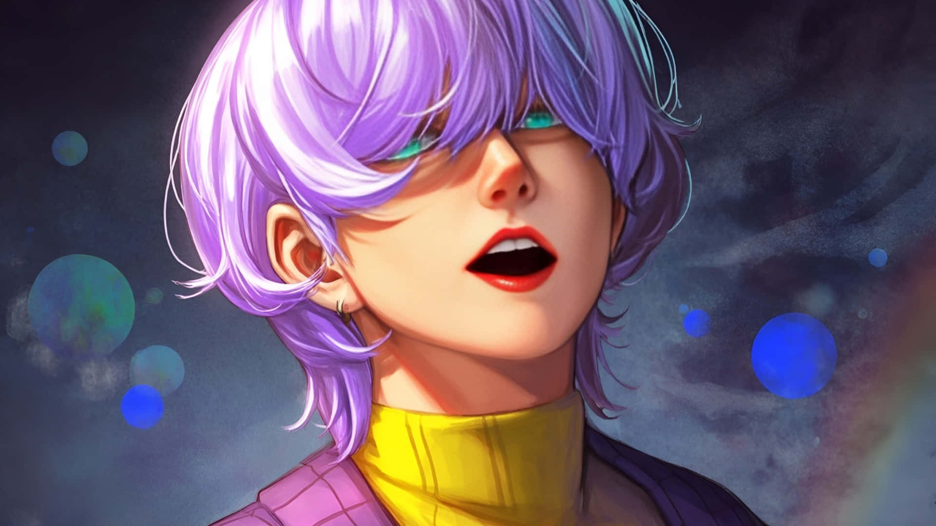 Mystery Saja, vibrant purple hair, teal eyes, Full HD Desktop Wallpaper
