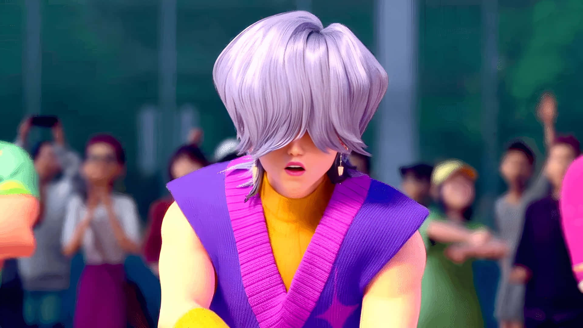 Mystery Saja, silver hair, purple top, Full HD Desktop Wallpaper