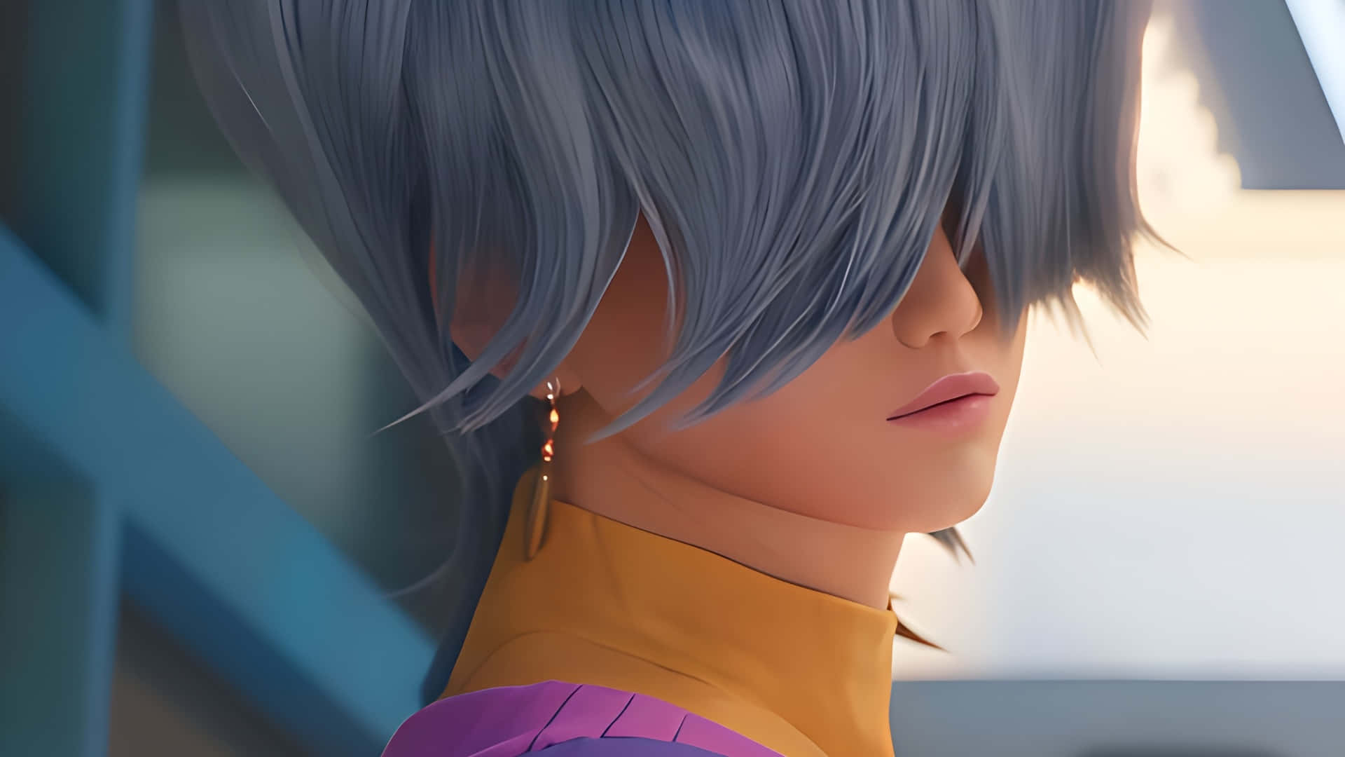 Mystery Saja, short blue hair, gold earring, Full HD Desktop Wallpaper