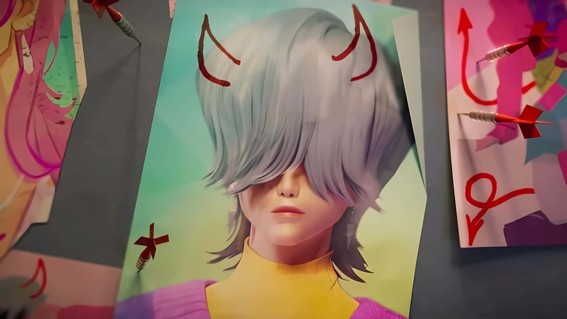 Mystery Saja, silver hair, red devil horns, Full HD Desktop Wallpaper