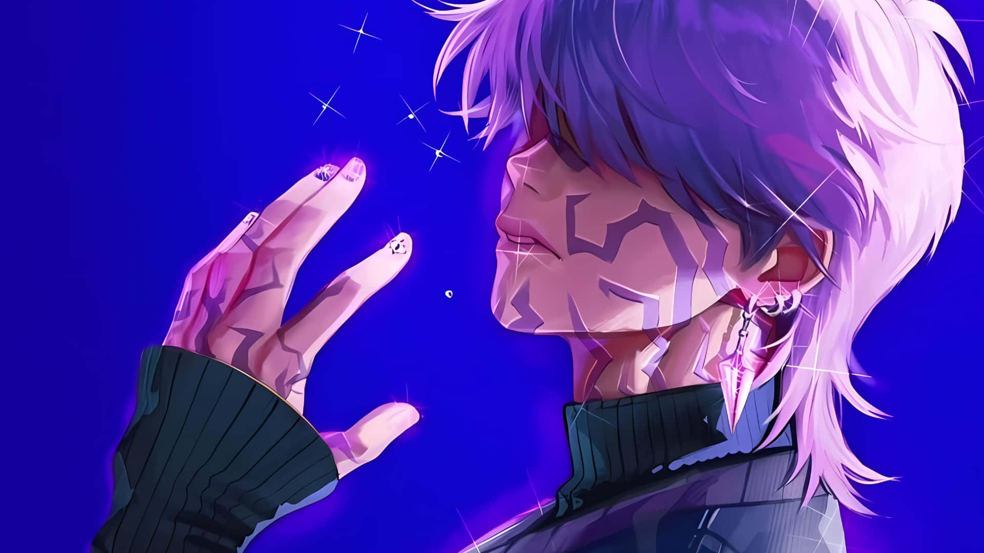 Mystery Saja, purple hair, glowing star-like particles, Full HD Desktop Wallpaper