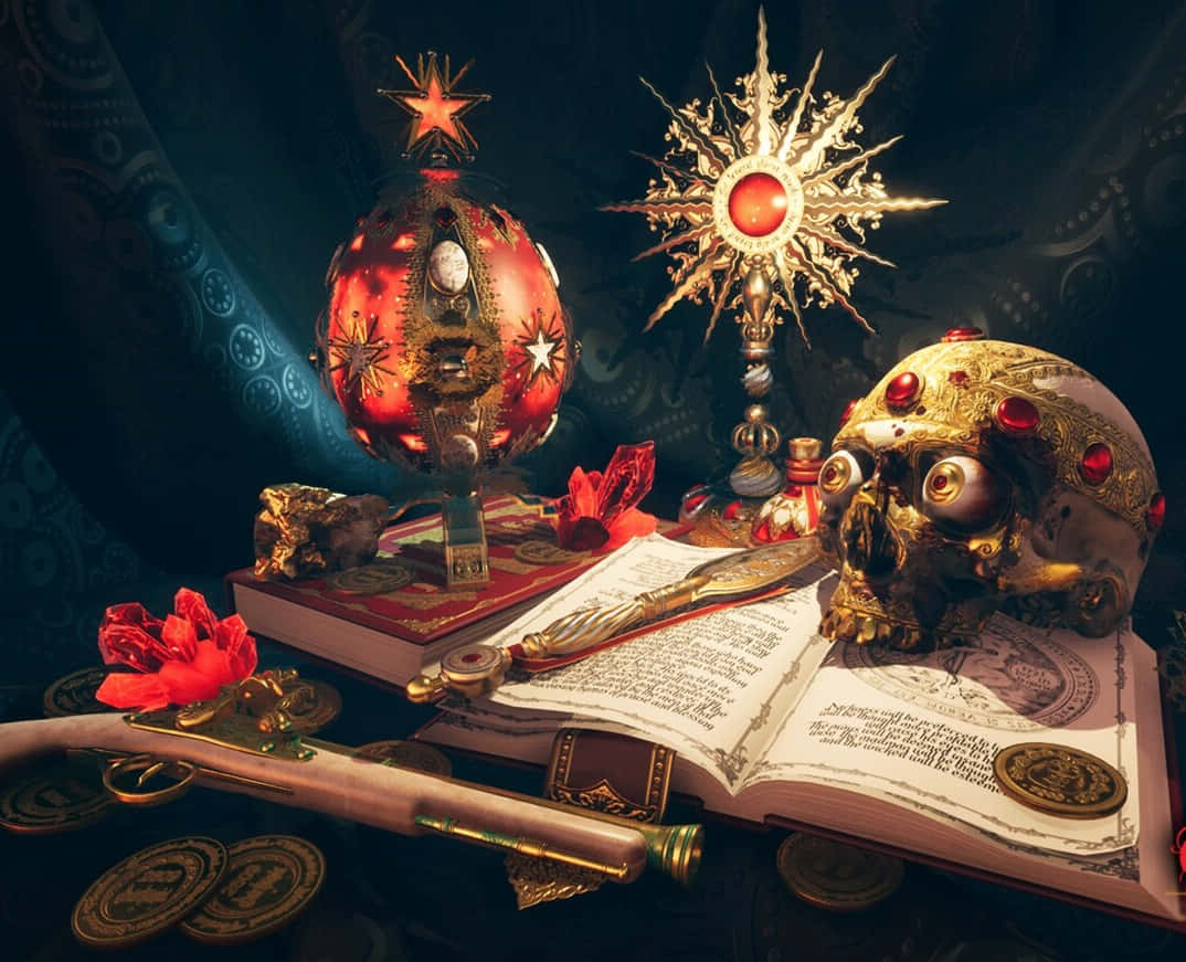 mystical artifacts, golden skull, ornate red egg, SD Desktop Wallpaper
