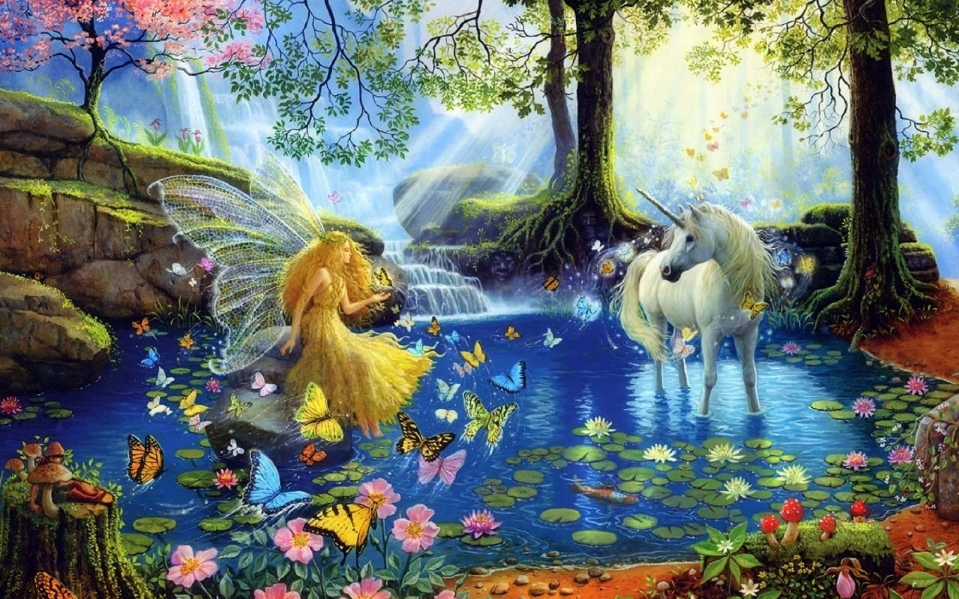 golden-winged fairy, white unicorn, sunlit forest pond, Full HD Desktop Wallpaper