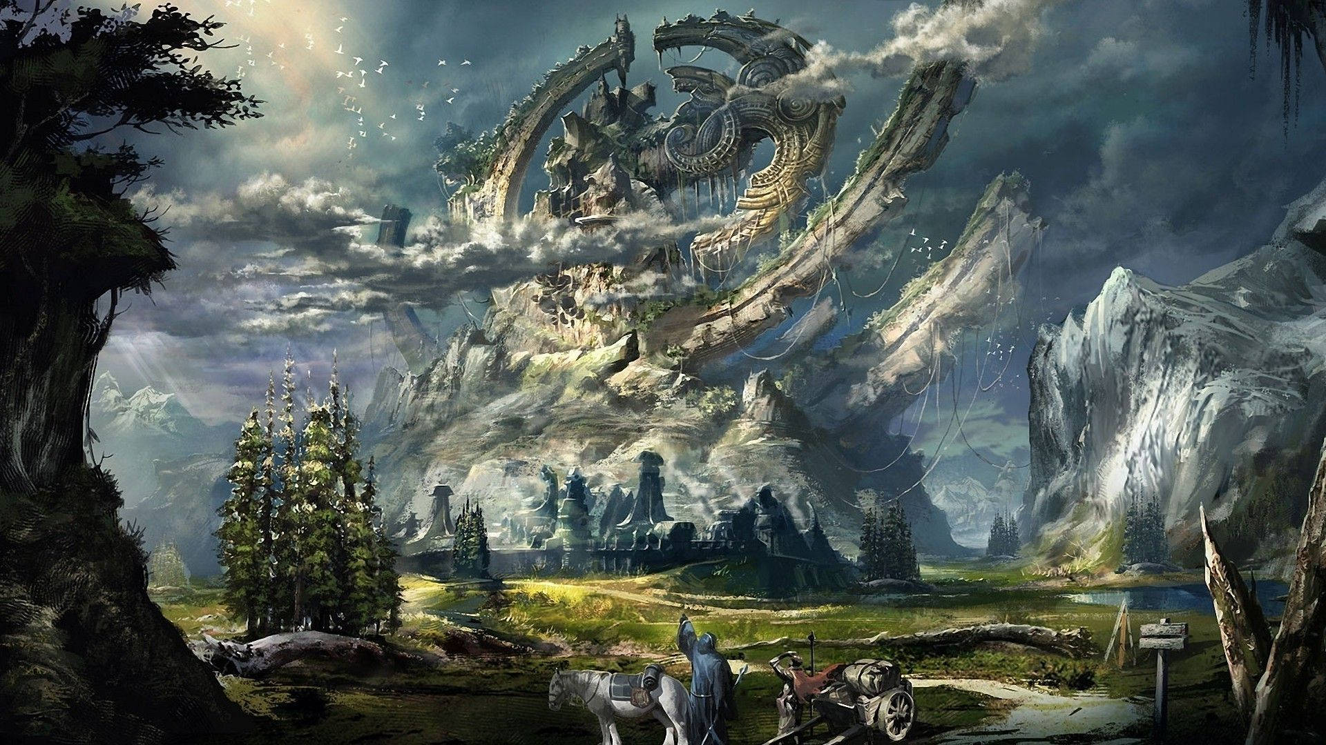 fantasy magical kingdom, ancient dragon-shaped mountain, misty peaks, Full HD Desktop Wallpaper