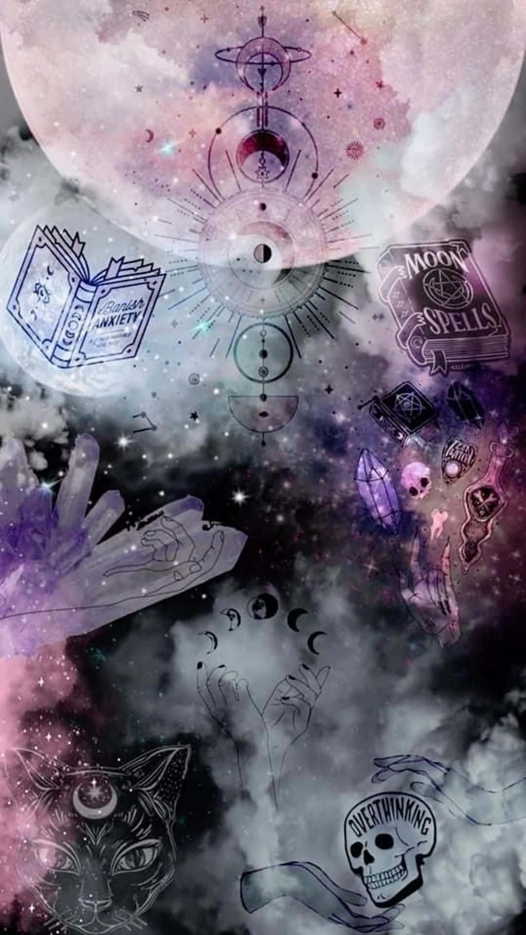 mystical witchcraft collage art, cosmic wallpaper, occult symbols, Full HD Phone Wallpaper