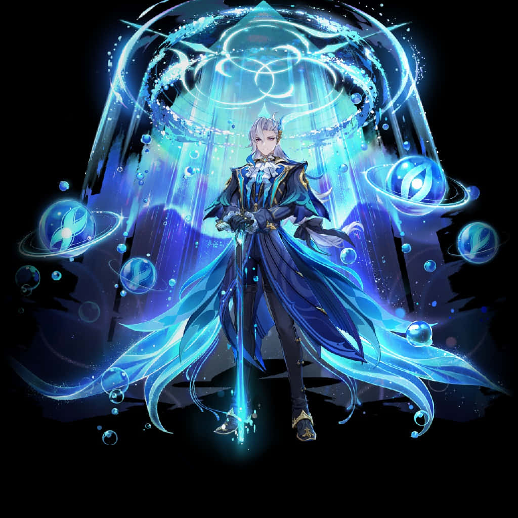 silver-haired anime character, flowing blue cloak, glowing blue energy spheres, SD Desktop Wallpaper