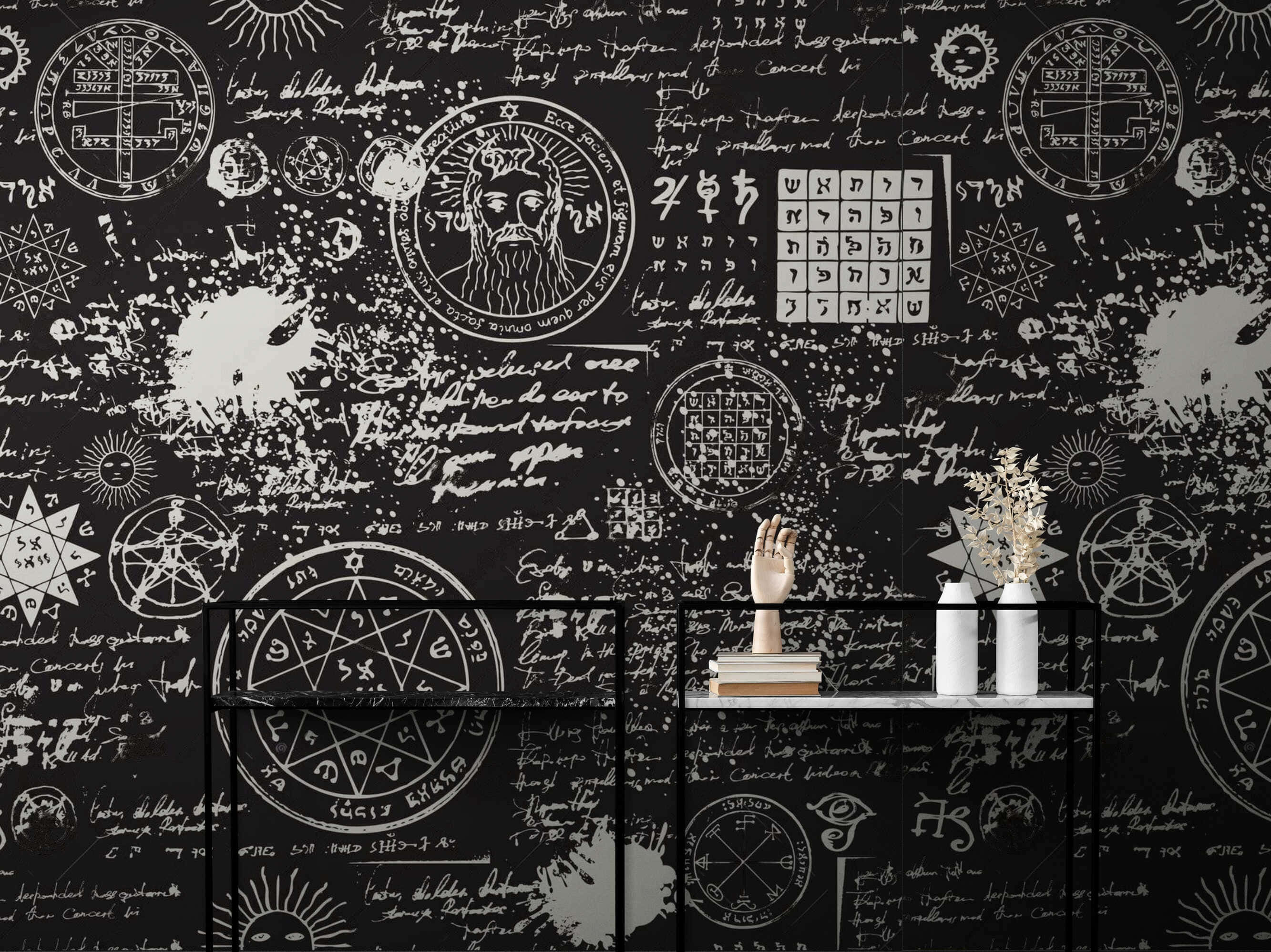 occult 2666 x 1996, black wall, white occult symbols, 2K Desktop Wallpaper