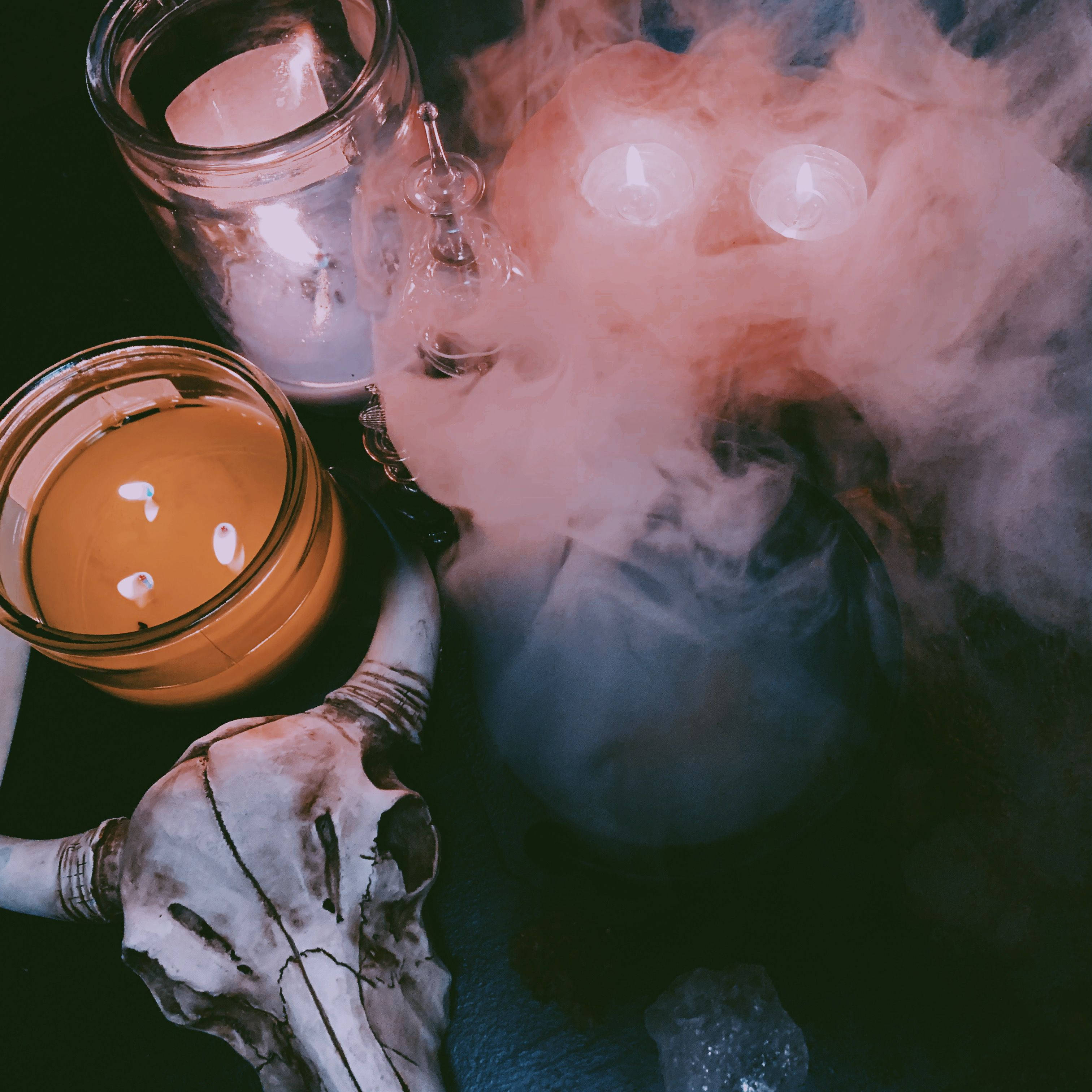 glowing candles, smoke, bull skull, 2K Desktop Wallpaper