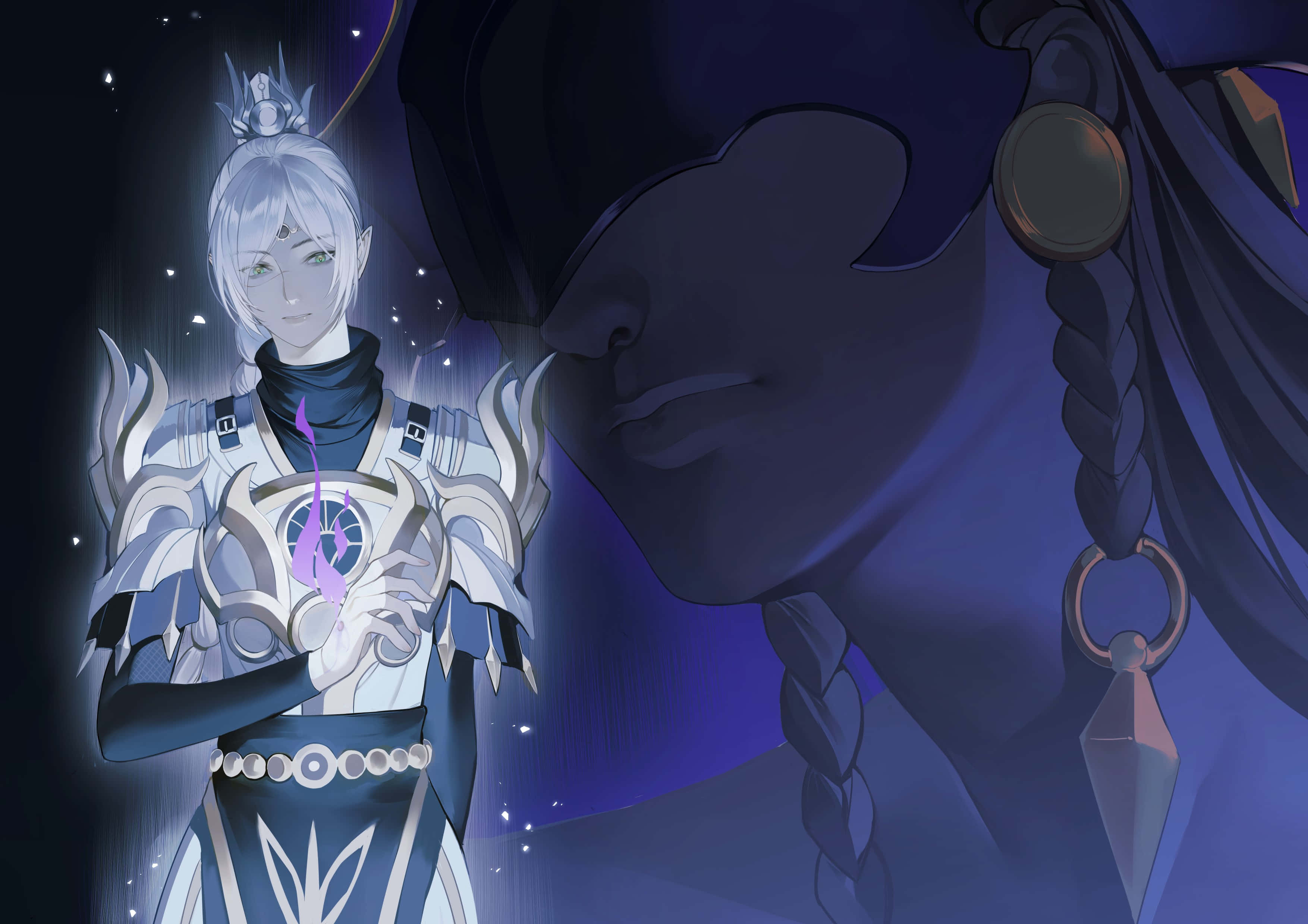mystical knight, glowing purple orb, silver-haired anime character, 2K Desktop Wallpaper