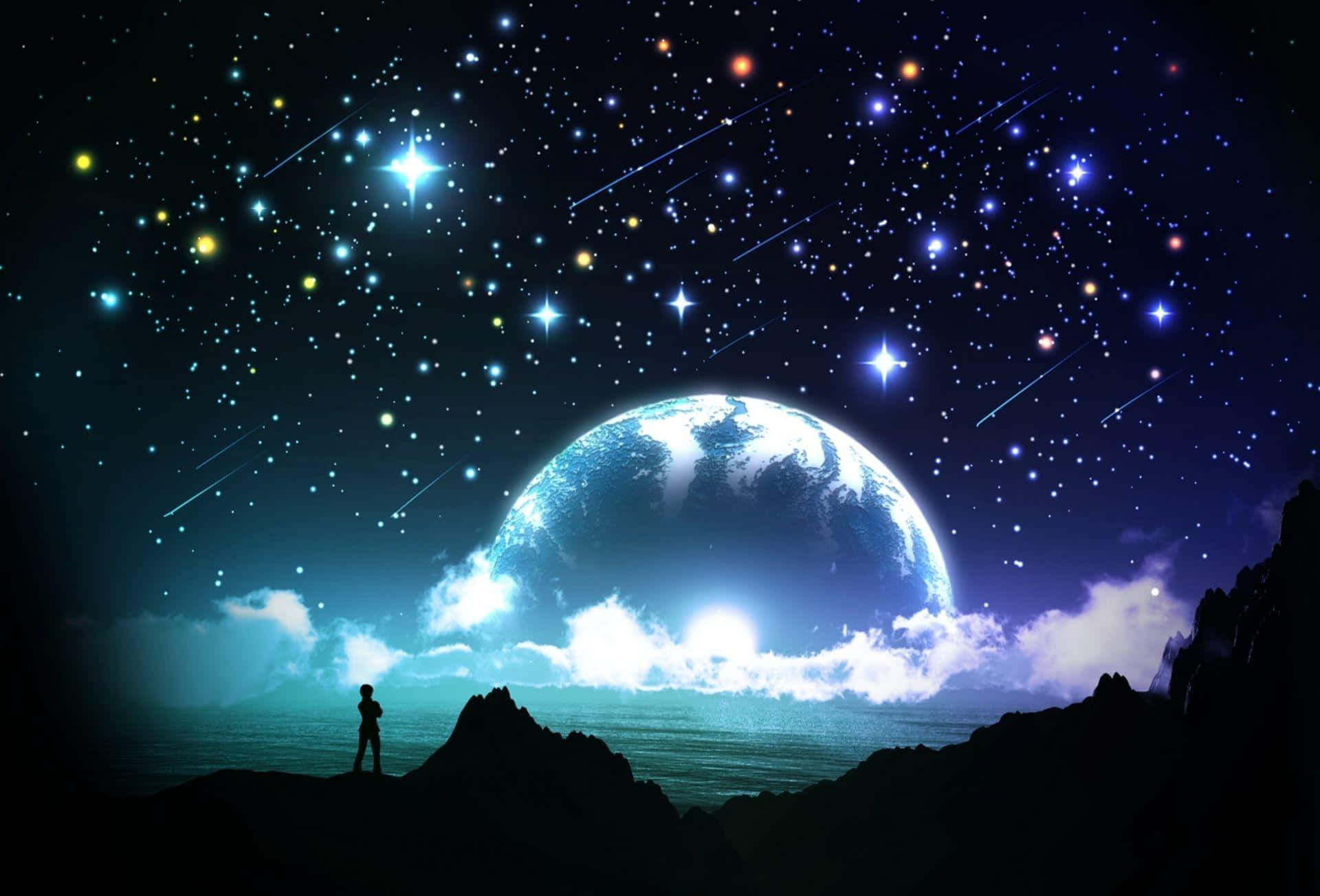 magical night sky, glowing blue planet, starry sky, Full HD Desktop Wallpaper
