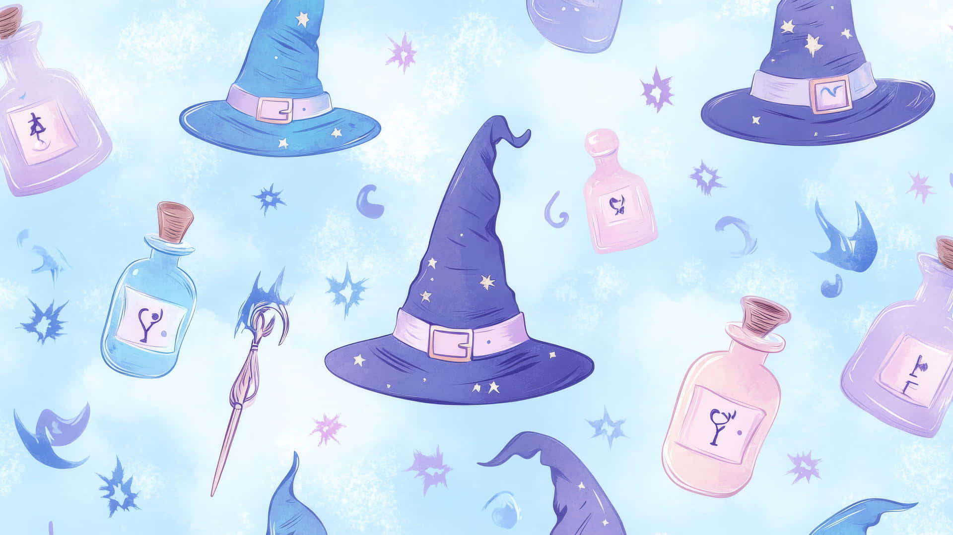 enchanted witchcraft pattern, whimsical pastel illustration, floating witch hats, Full HD Desktop Wallpaper