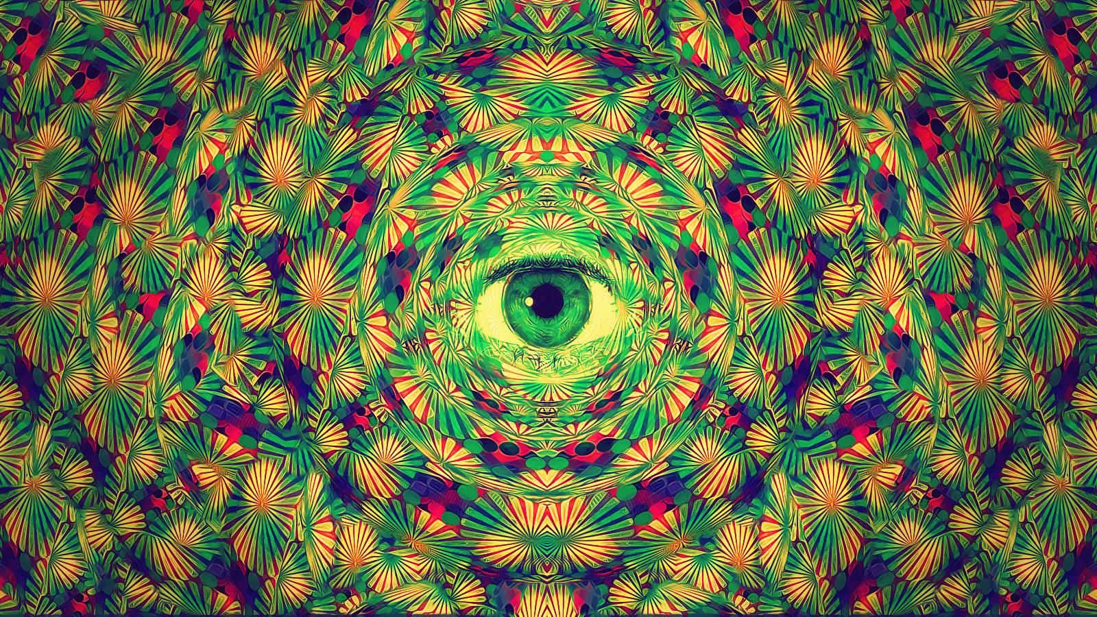 sacred geometry, green yellow and red fan shapes, glowing green eye, HD Desktop Wallpaper