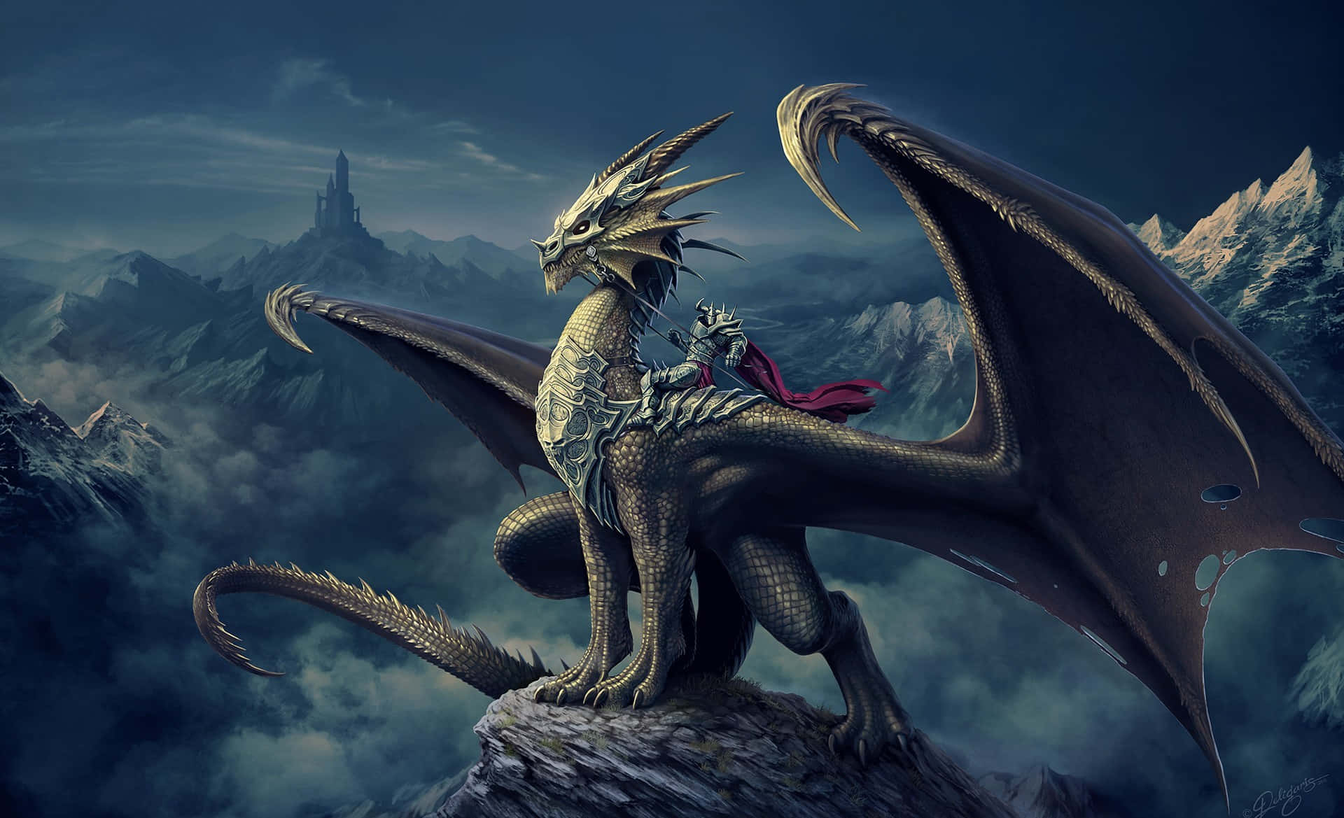 Mystical Dragon, armored dragon, rider, Full HD Desktop Wallpaper