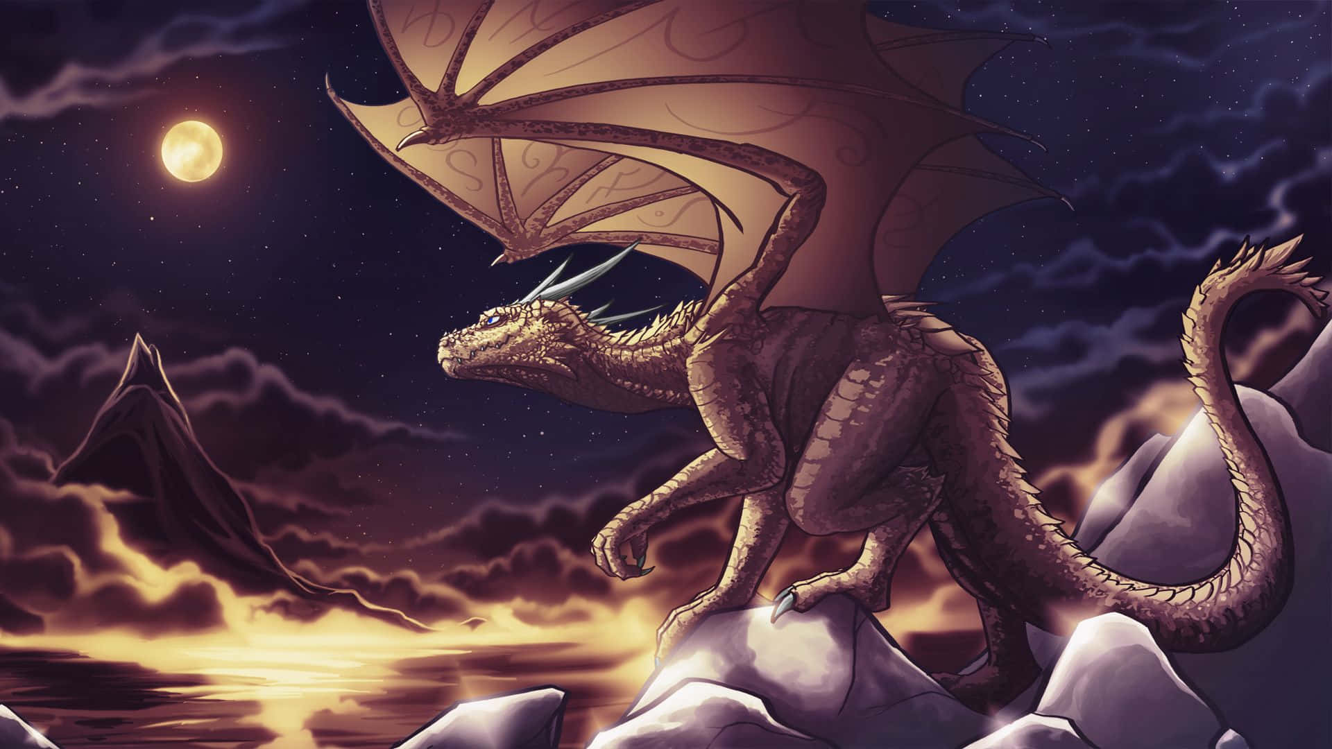 mystical dragon, golden dragon, snowy peaks, Full HD Desktop Wallpaper