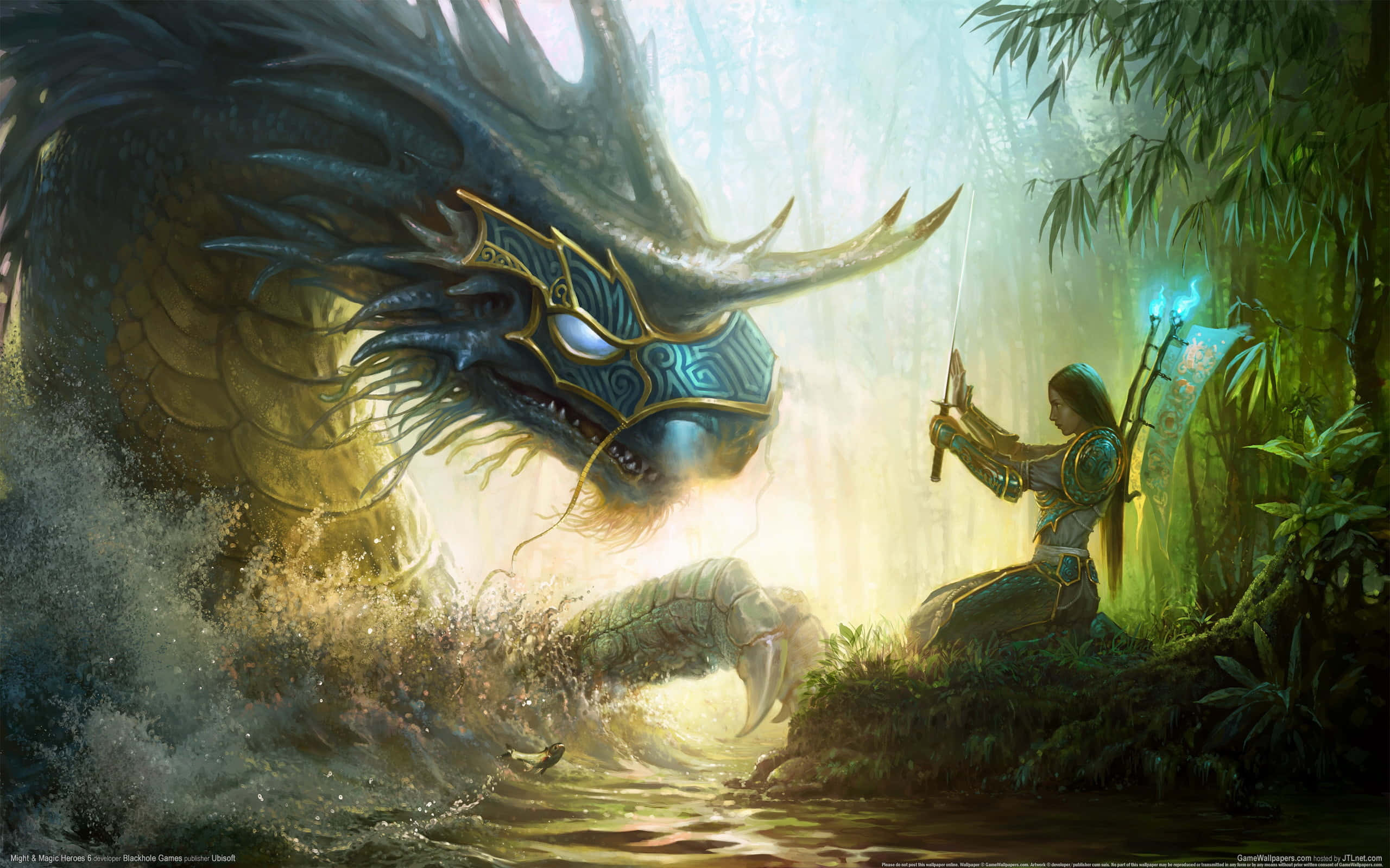 Mystical Dragon, glowing sky, warrior woman, 2K Desktop Wallpaper
