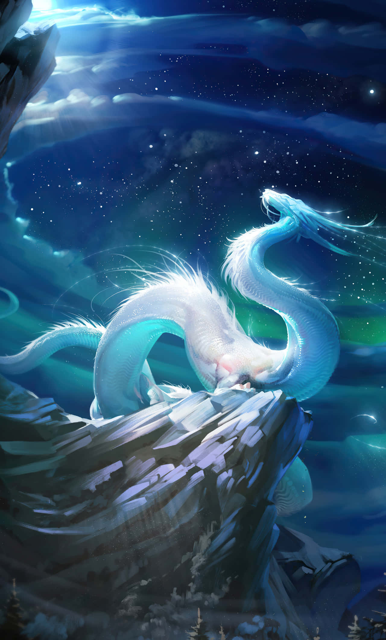 Mystical Dragon, luminous white dragon, snowy cliff, Full HD Phone Wallpaper