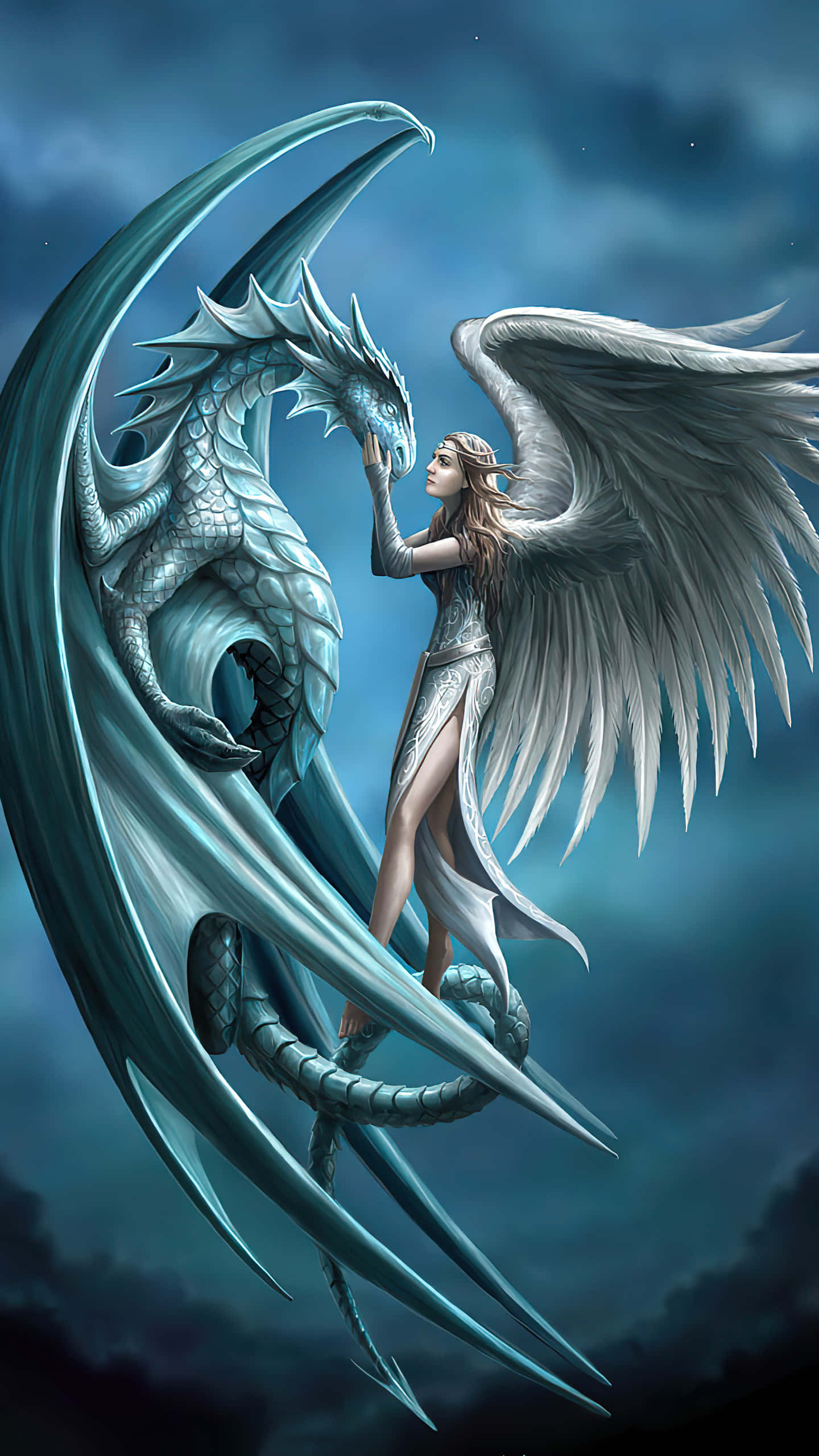 Mystical Dragon, winged woman, silver robes, 2K Phone Wallpaper
