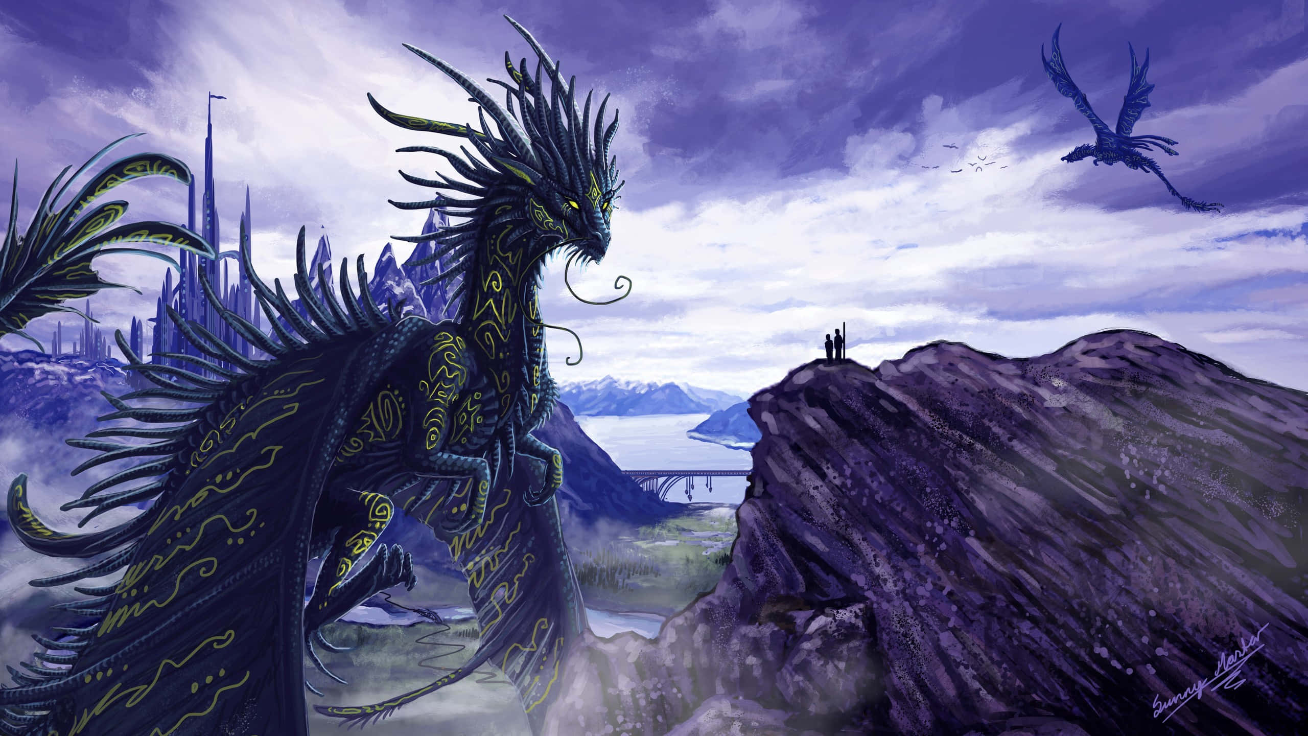 Mystical Dragon, black dragon, glowing yellow patterns, 2K Desktop Wallpaper