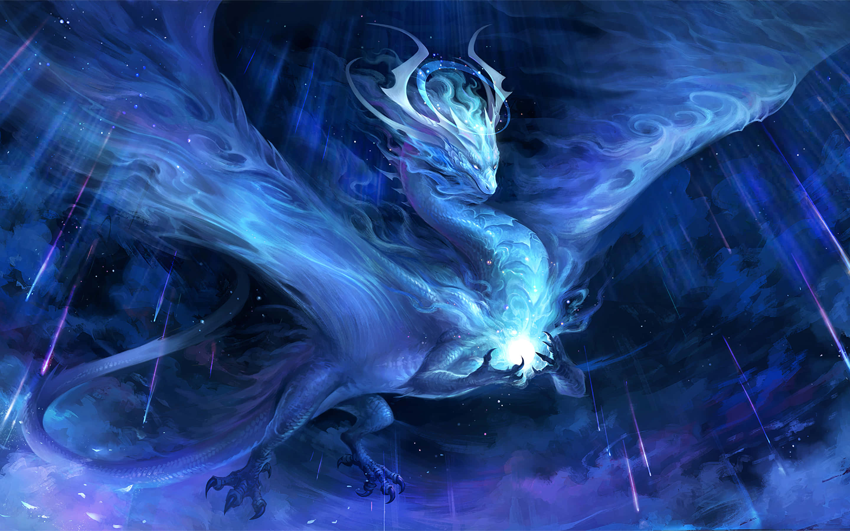 Mystical Dragon, glowing blue dragon, cosmic storm, 2K Desktop Wallpaper