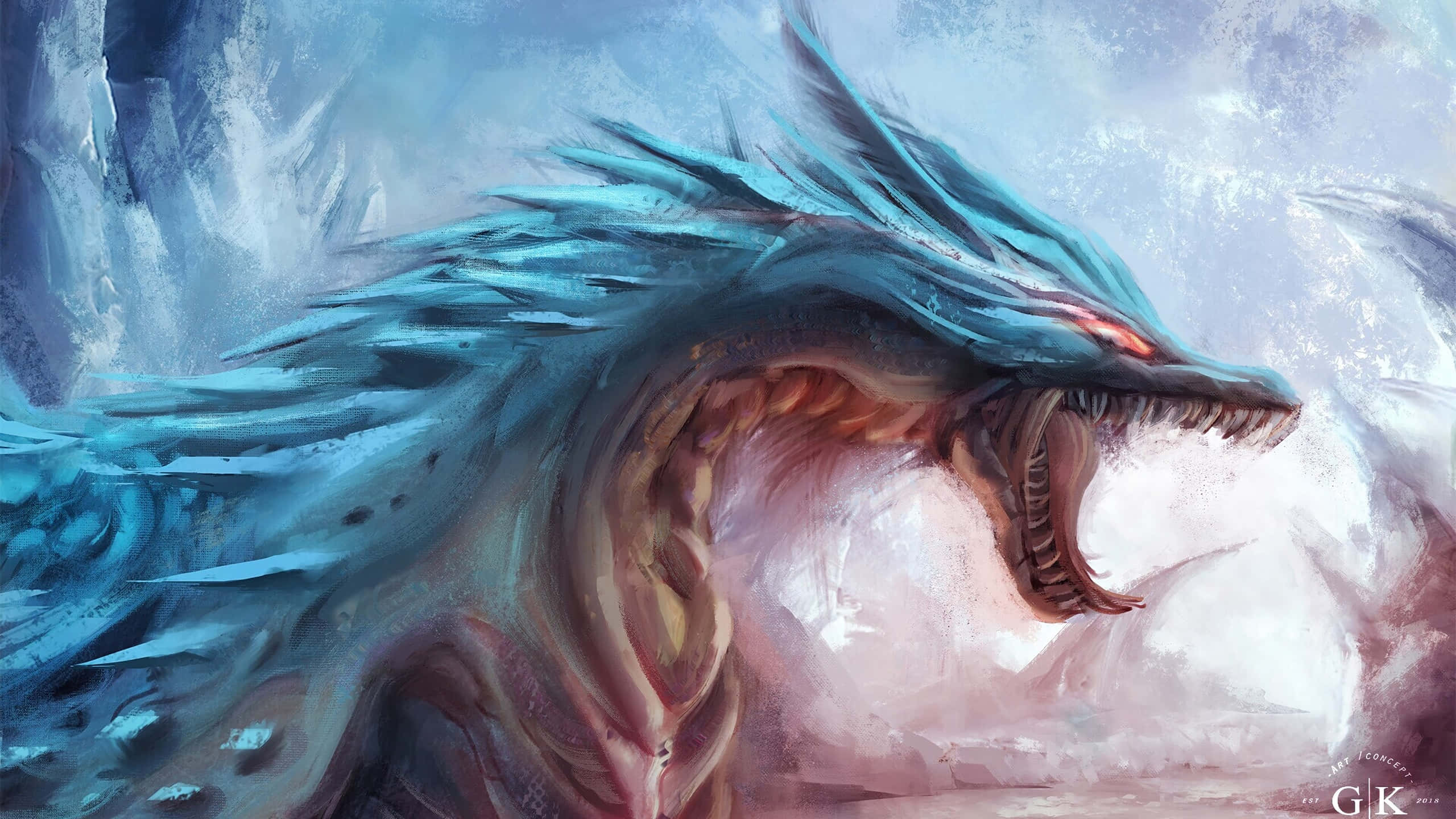 Mystical Dragon, blue dragon, glowing red eyes, 2K Desktop Wallpaper