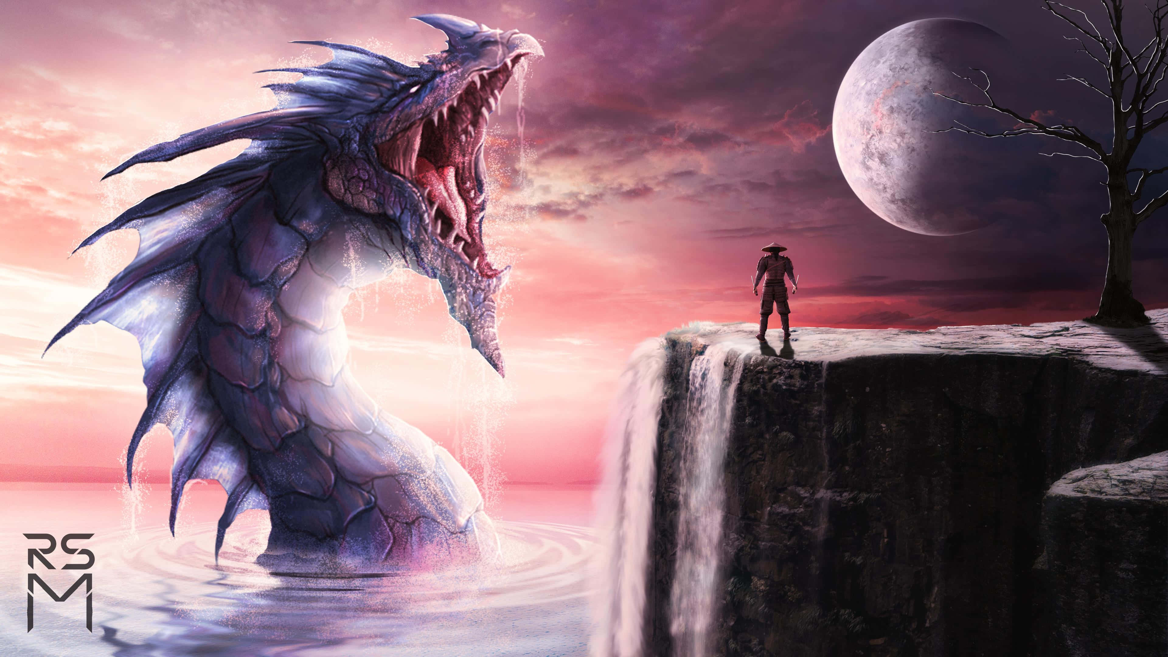 Mystical Dragon, twilight sky, giant moon, 4K Desktop Wallpaper