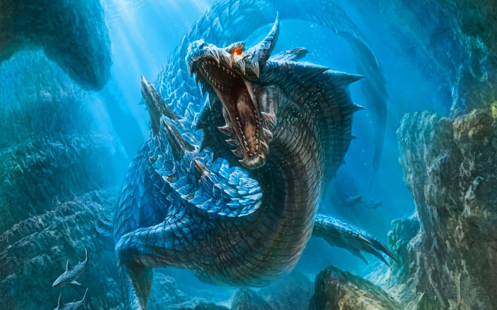 Mystical Dragon, blue-scaled, glowing orange eyes, HD Desktop Wallpaper