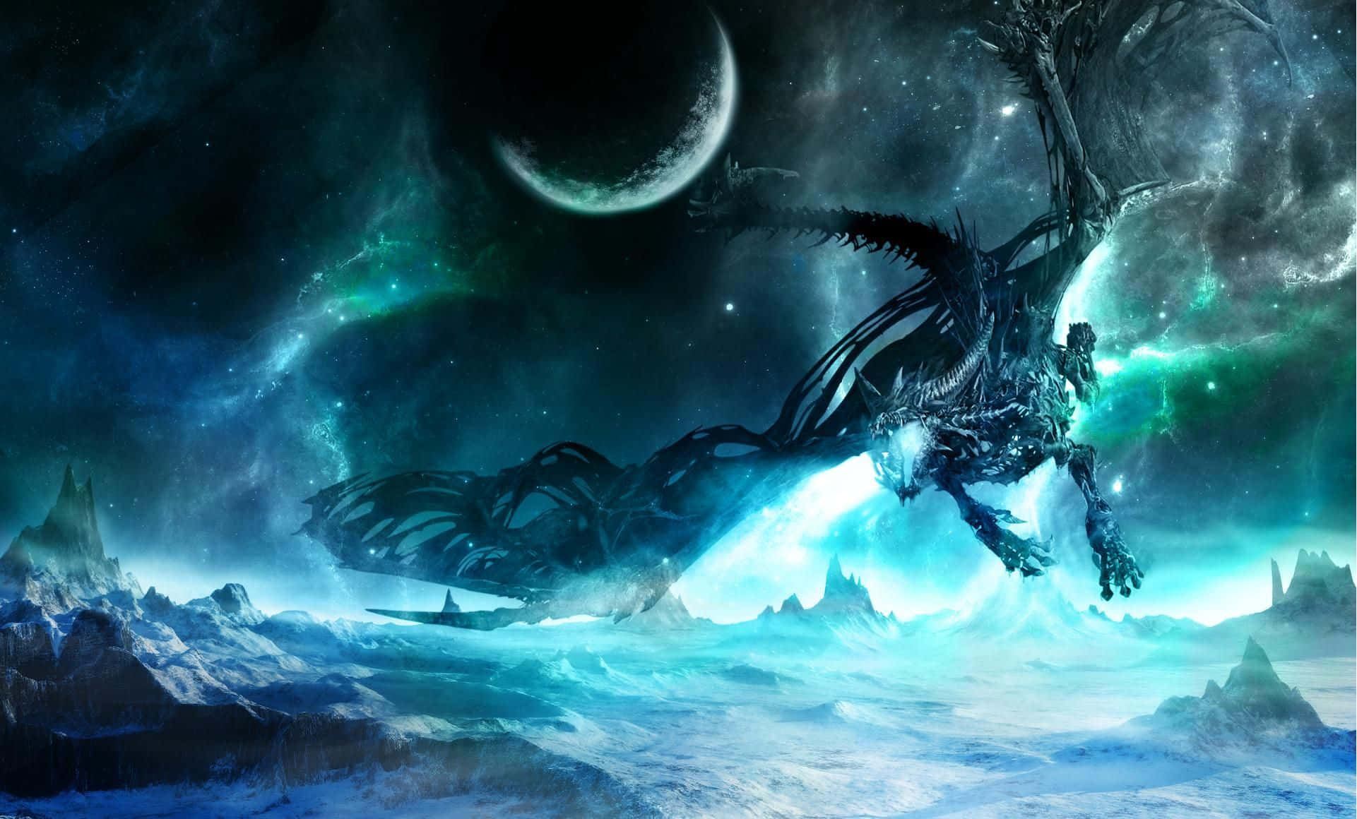 Mystical Dragon, icy peaks, crescent moon, Full HD Desktop Wallpaper