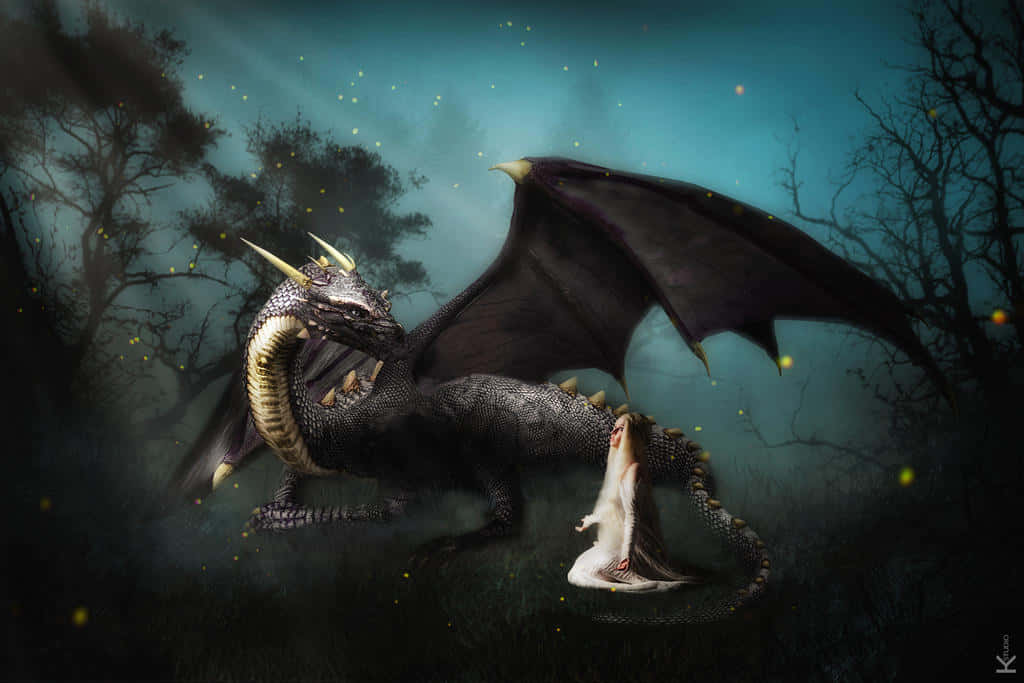 Mystical Dragon, black dragon, glowing yellow eyes, SD Desktop Wallpaper