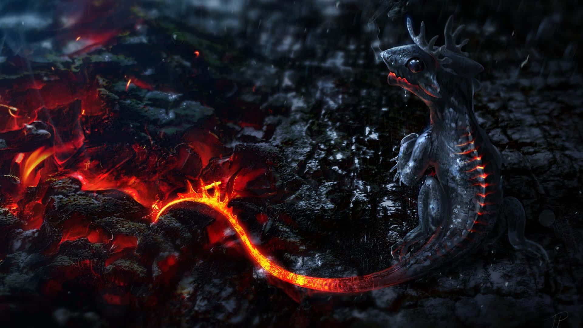 Mystical Dragon, dark scaled dragon, glowing red spine, Full HD Desktop Wallpaper