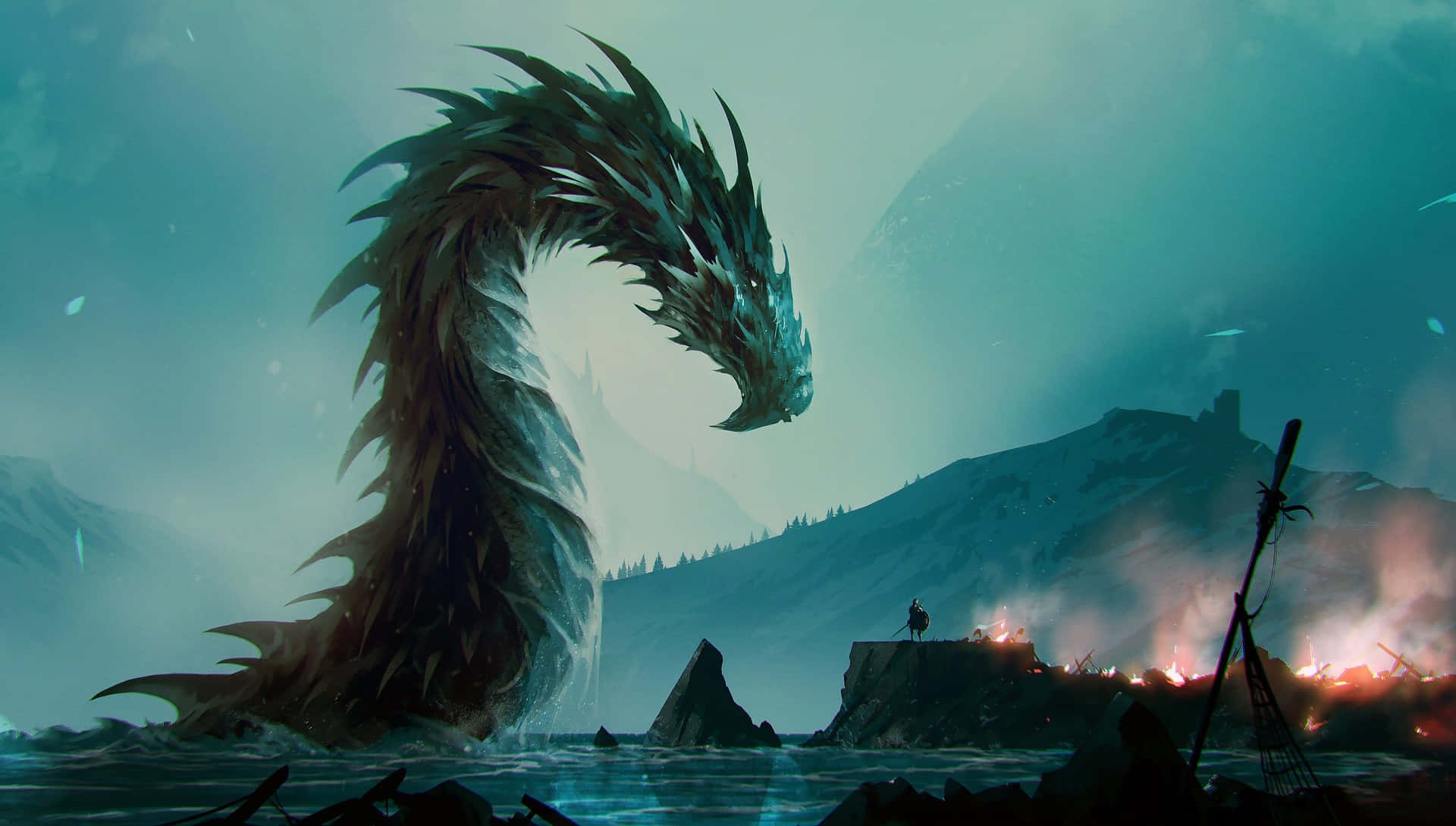 Mystical Dragon, icy waters, lone figure, Full HD Desktop Wallpaper