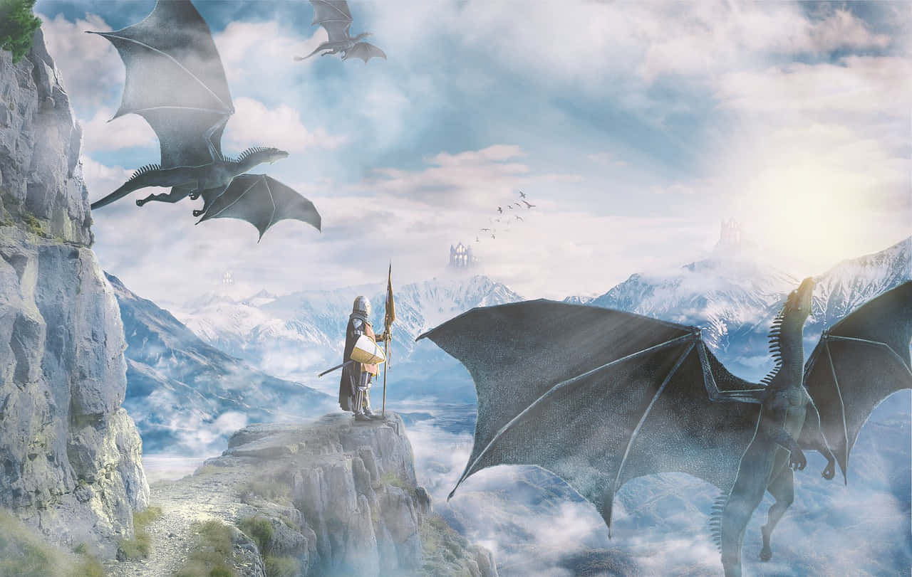 Mystical Dragon, cave, snowy mountains, HD Desktop Wallpaper