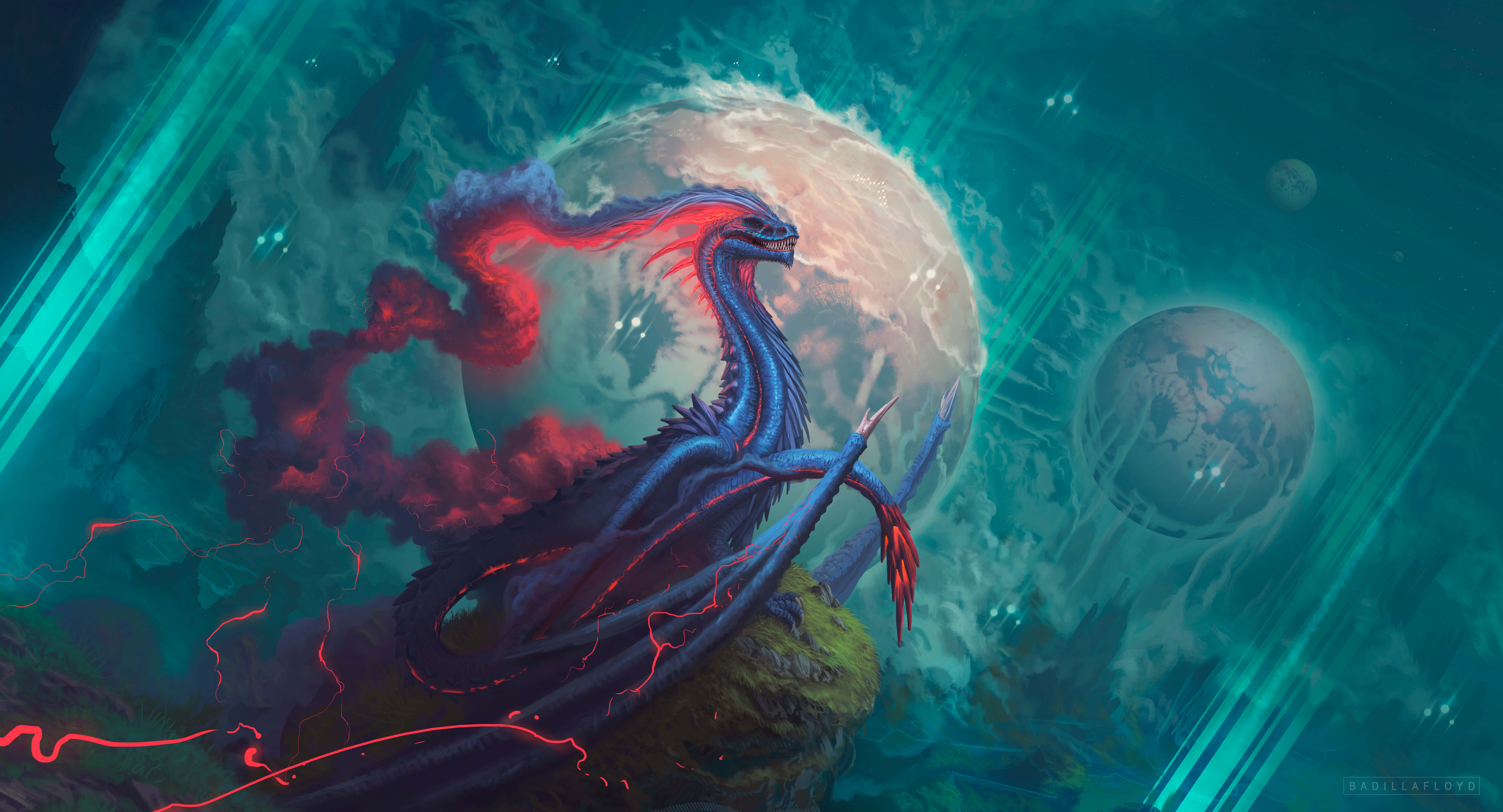 Mystical Dragon, blue dragon, glowing red accents, 8K Desktop Wallpaper
