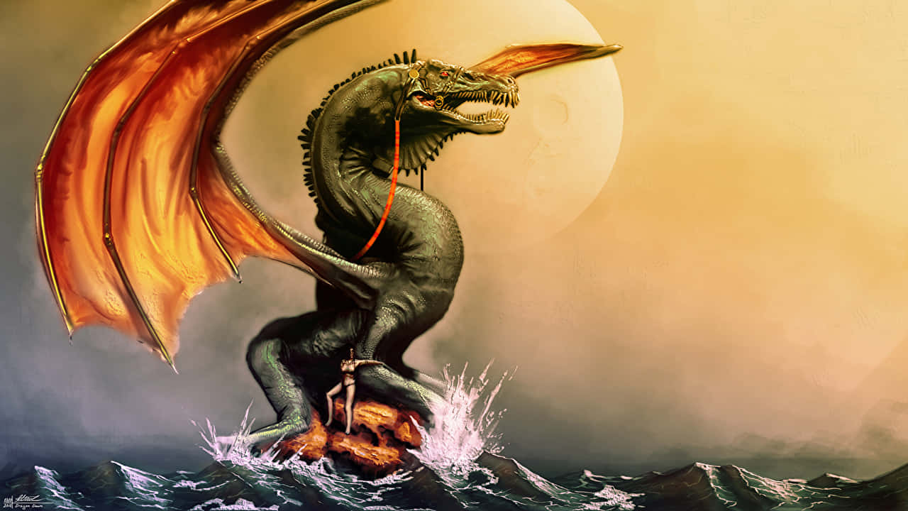 Mystical Dragon, fiery orange wings, rocky outcrop, HD Desktop Wallpaper