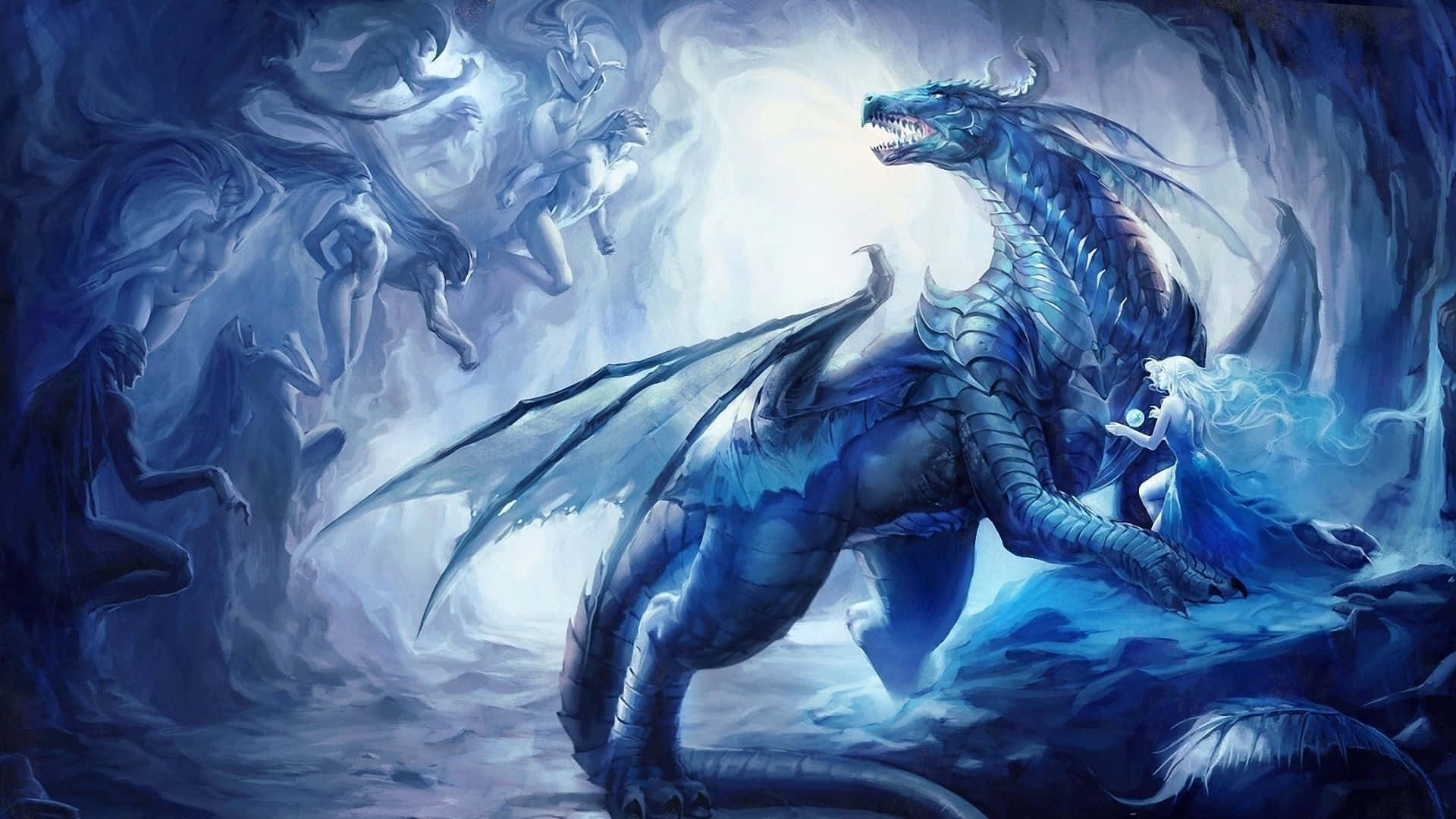 Mystical Dragon, blue dragon, glowing core, Full HD Desktop Wallpaper
