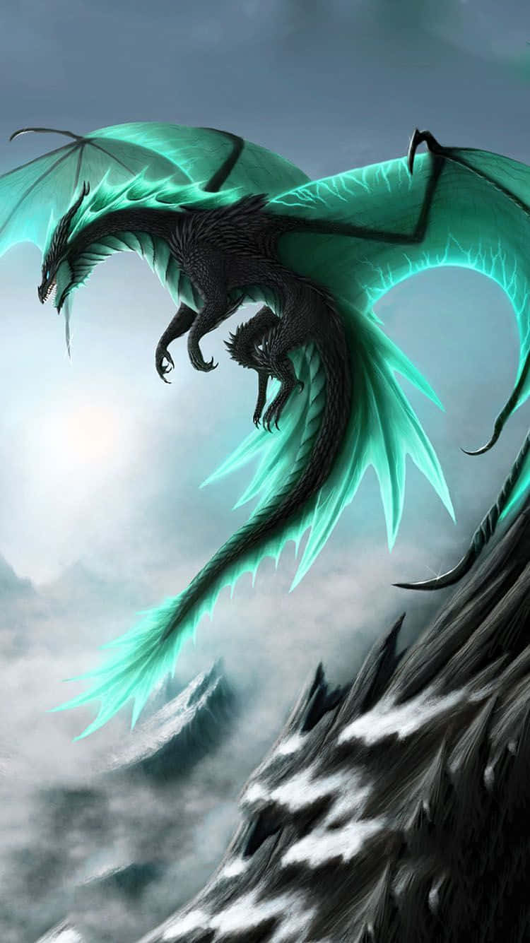 mystical dragon, black dragon, glowing teal wings, HD Phone Wallpaper