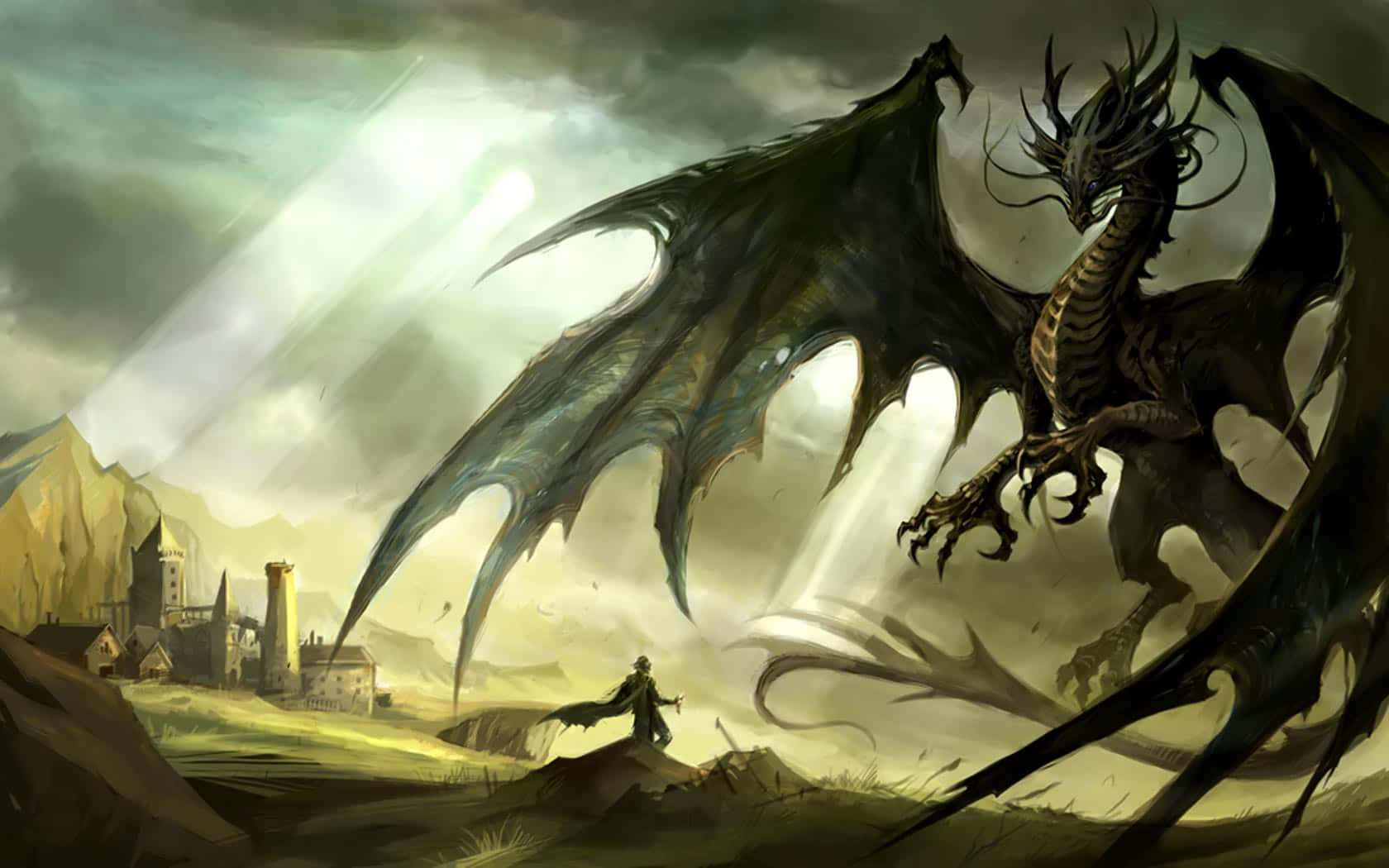 Mystical Dragon, black dragon, misty medieval village, HD Desktop Wallpaper