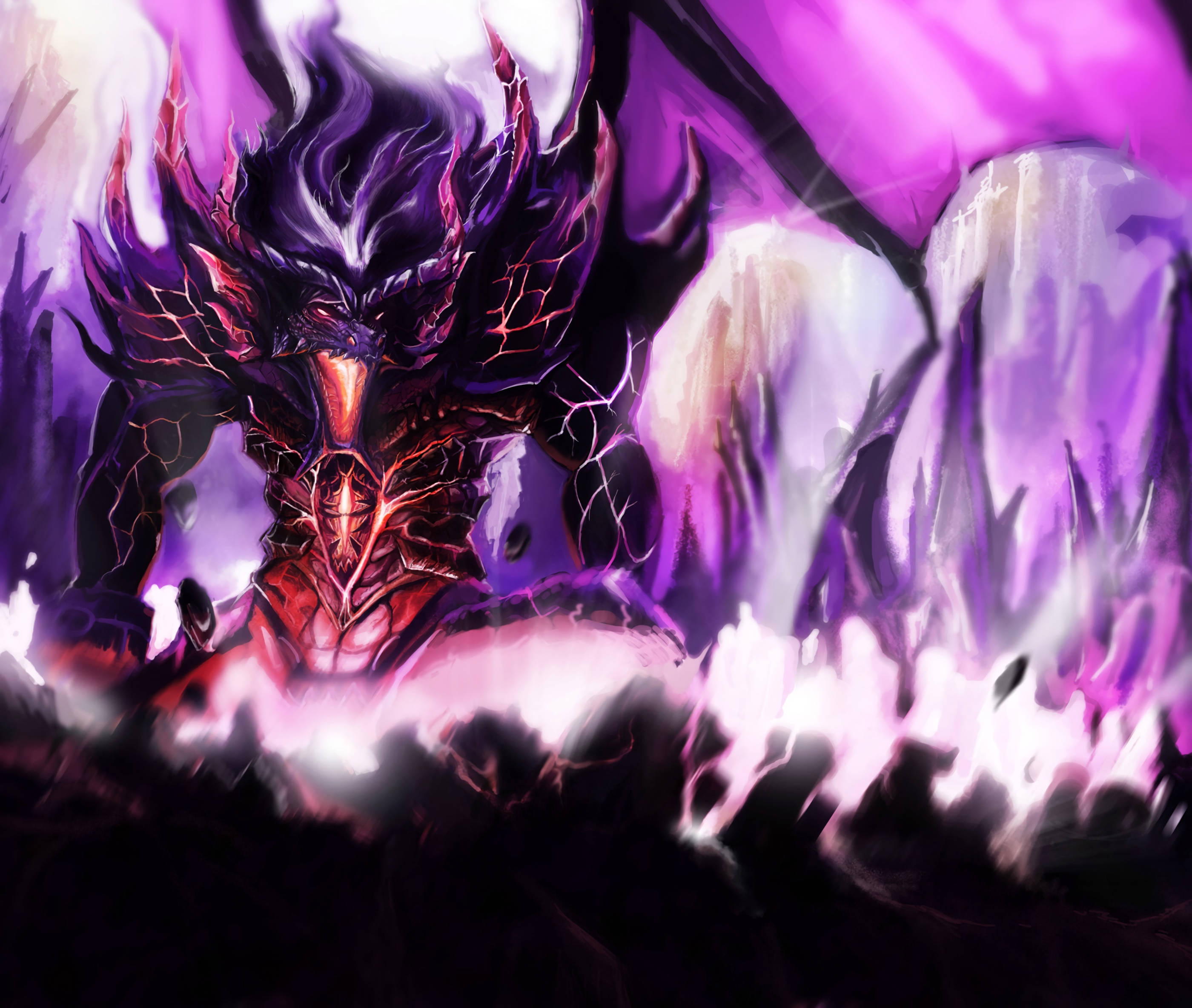 purple demon dragon, purple and red armored demon, glowing eyes, 2K Desktop Wallpaper