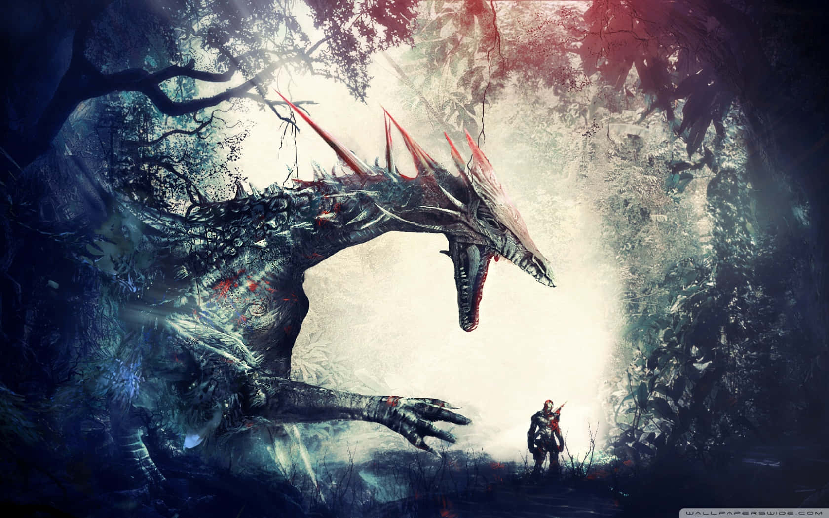 Mystical Dragon, colossal, spiked dragon, misty forest, HD Desktop Wallpaper