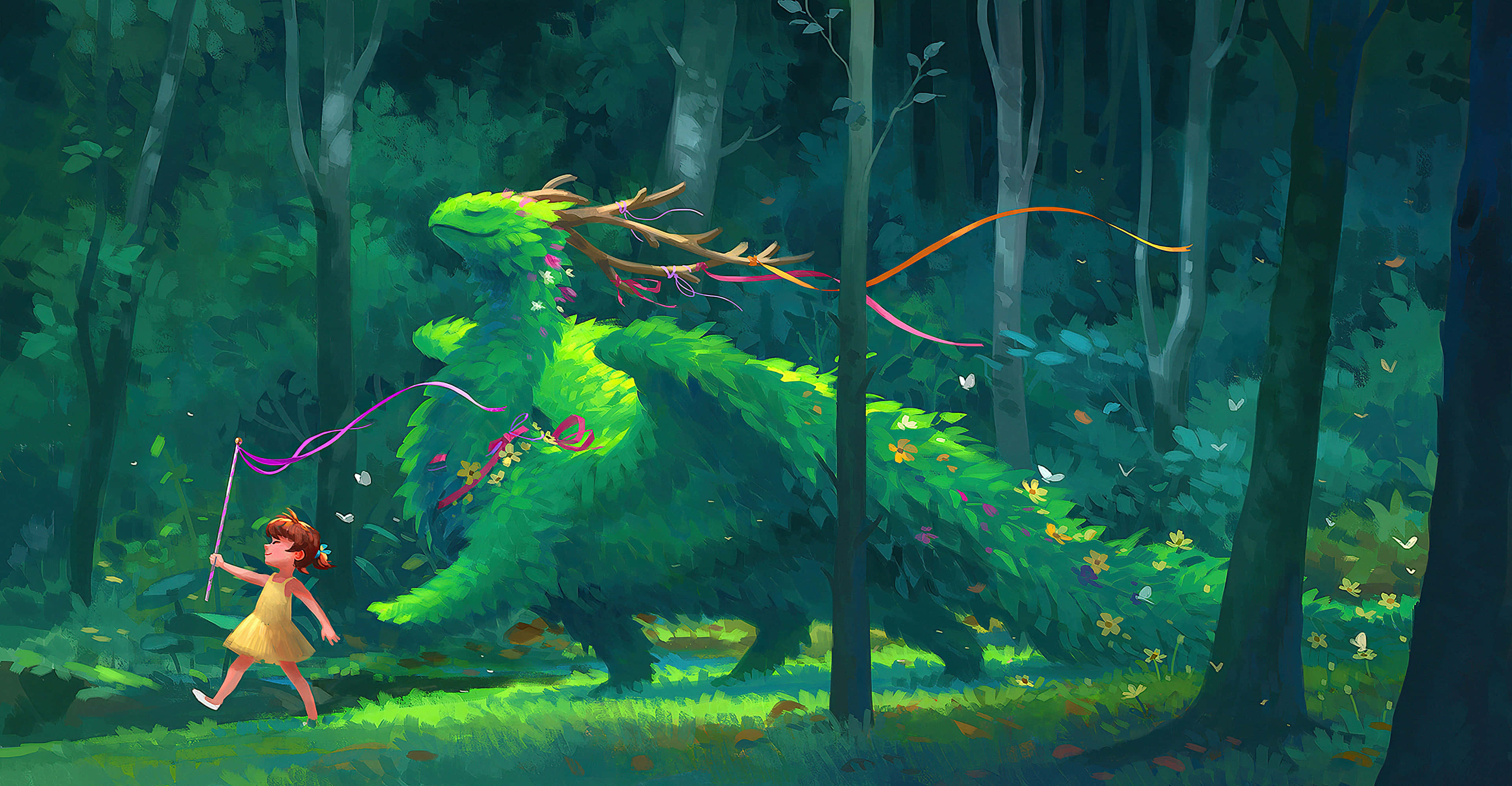 Mystical Forest Dragon, young girl, yellow dress, 4K Desktop Wallpaper